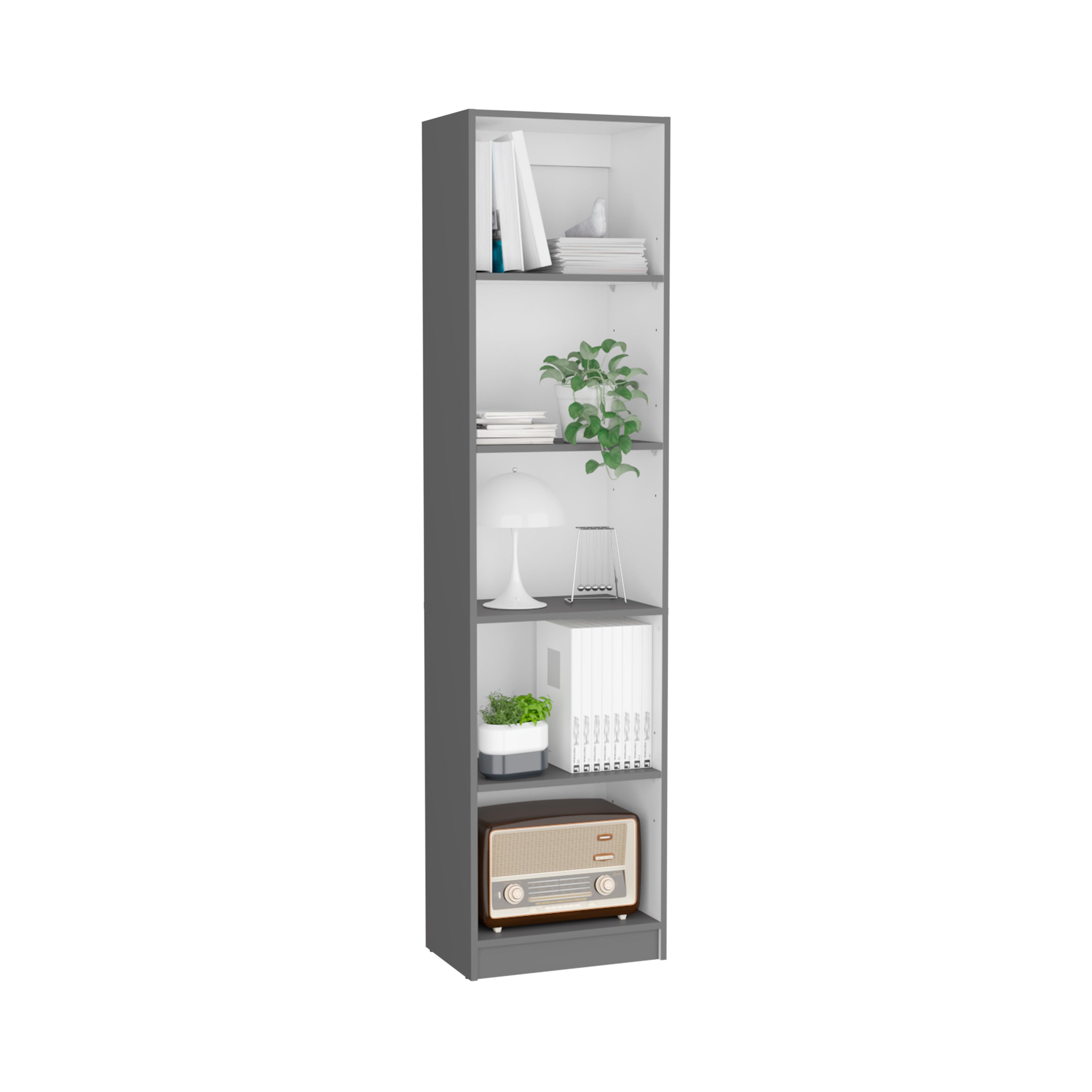 Vinton XS Bookcase Compact Bookshelf with Multiple Shelves, Matt Gray / White - Luciddepo