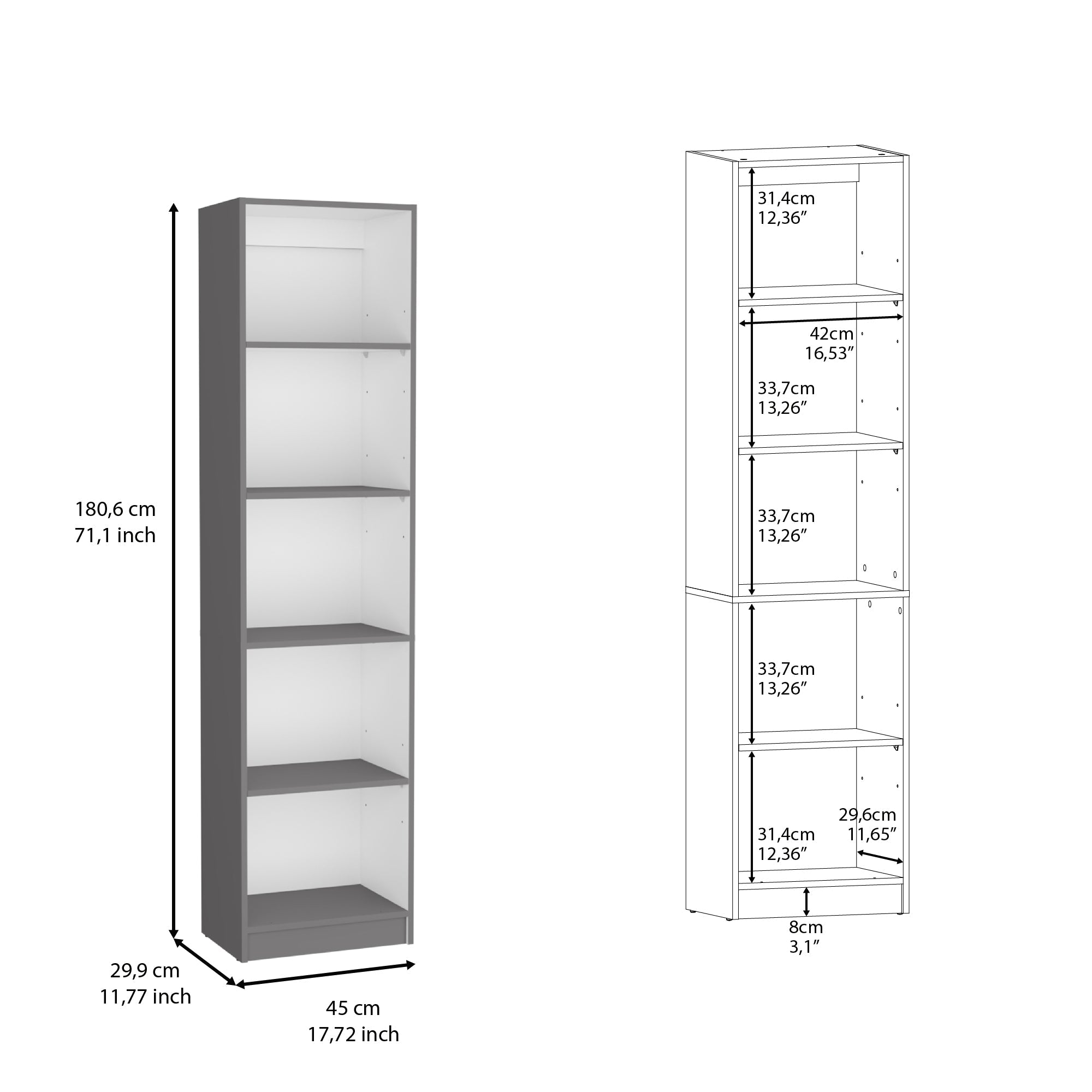 Vinton XS Bookcase Compact Bookshelf with Multiple Shelves, Matt Gray / White - Luciddepo