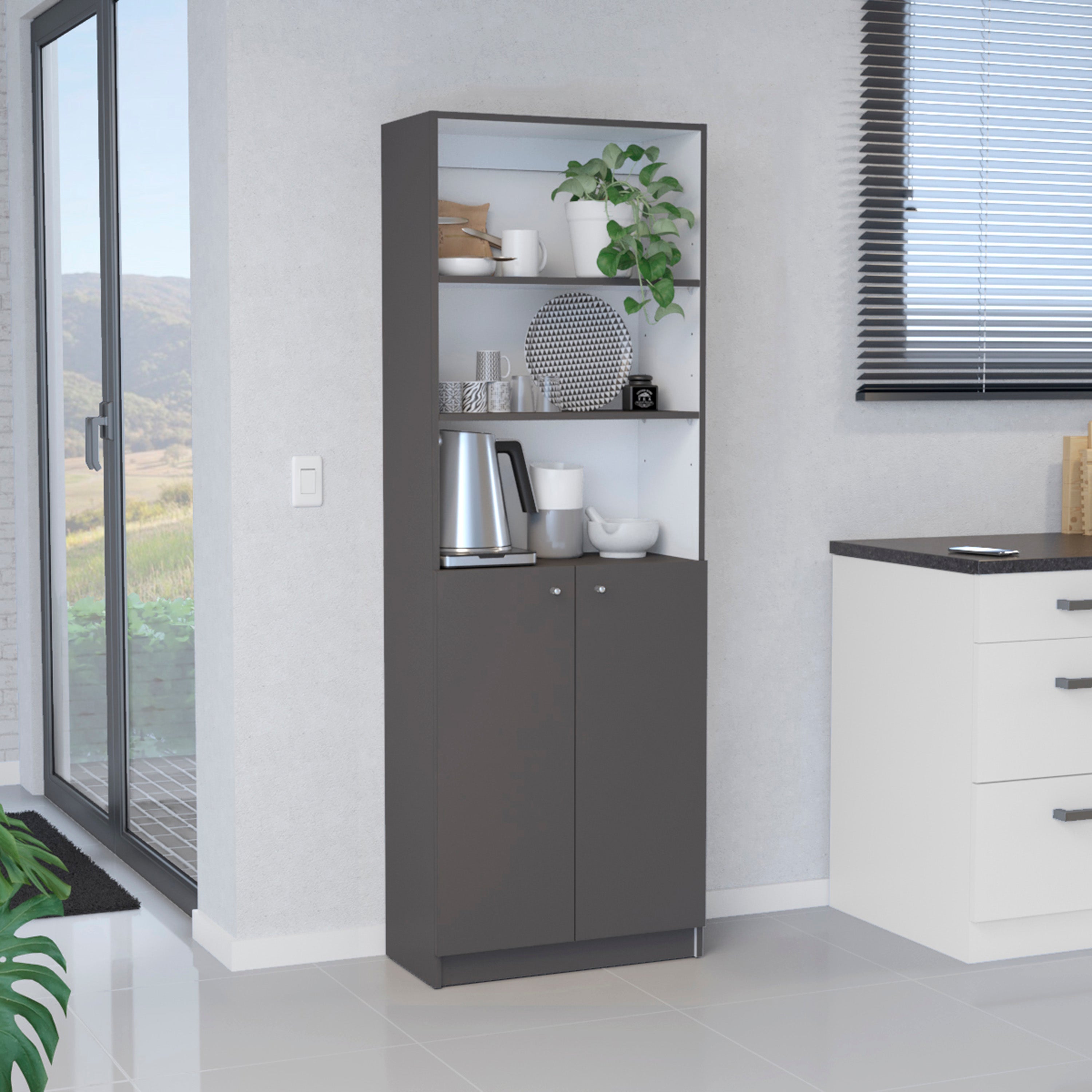 Vinton 2-Door Bookcase with Upper Shelves, Matt Gray / White - Luciddepo