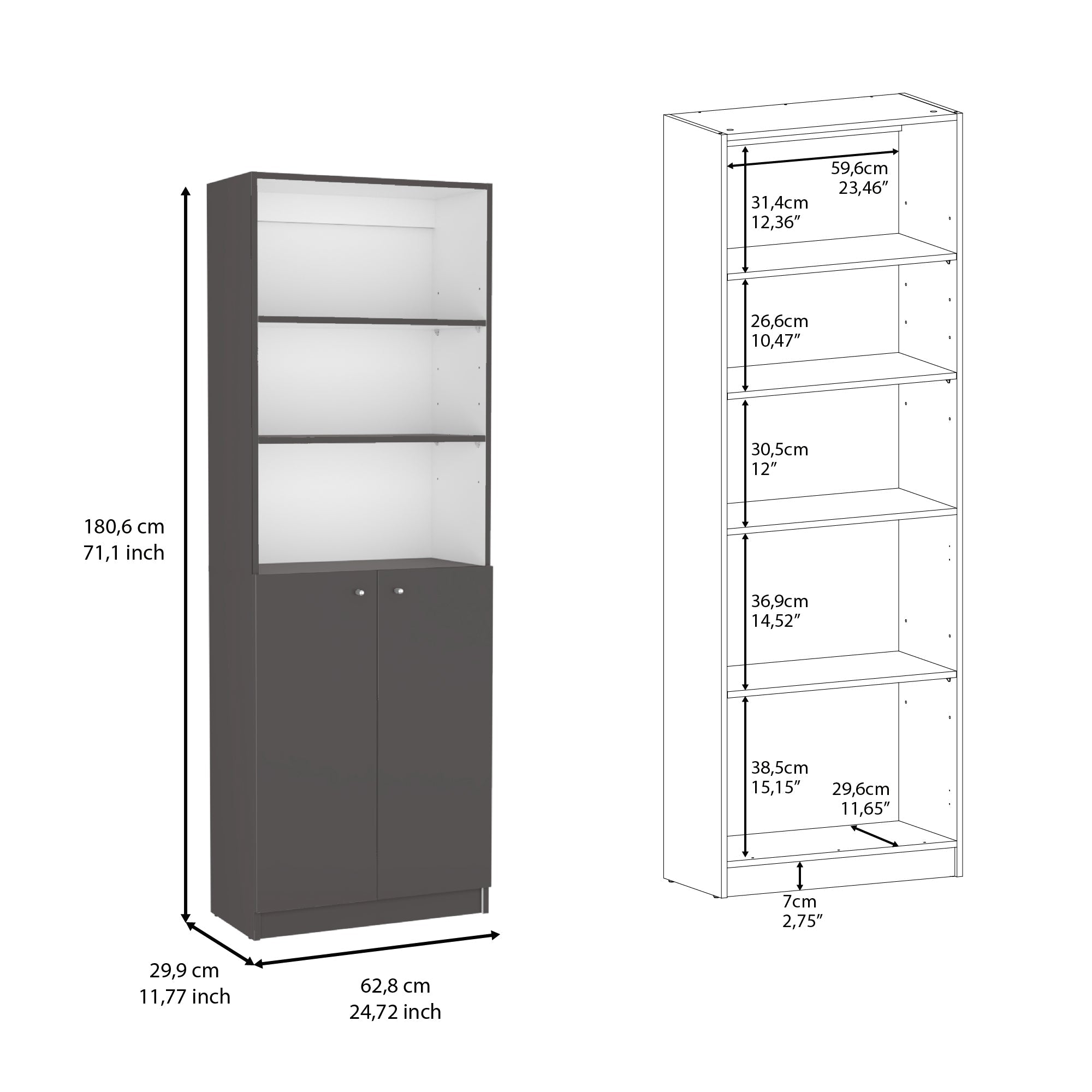 Vinton 2-Door Bookcase with Upper Shelves, Matt Gray / White - Luciddepo