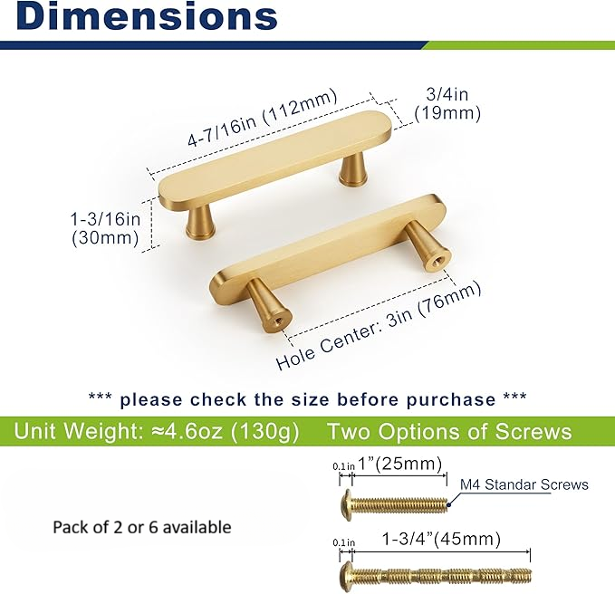 Flat Solid Brass Cabinet Pulls, Gold Kitchen Cabinet Handles, Gold Dresser Drawer Pulls, Modern Furniture Hardware, T-Bar Flat, Single Hole, Brushed Finish (2 or 6 pack) - Luciddepot