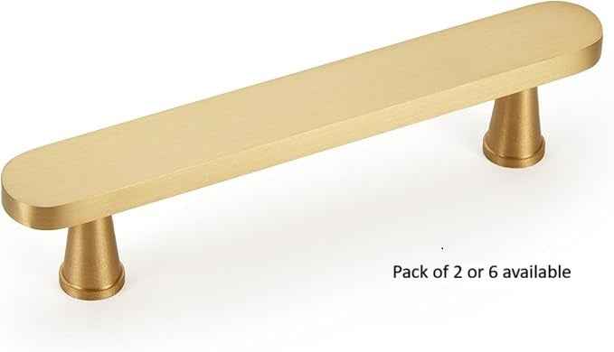 Flat Solid Brass Cabinet Pulls, Gold Kitchen Cabinet Handles, Gold Dresser Drawer Pulls, Modern Furniture Hardware, T-Bar Flat, Single Hole, Brushed Finish (2 or 6 pack) - Luciddepot
