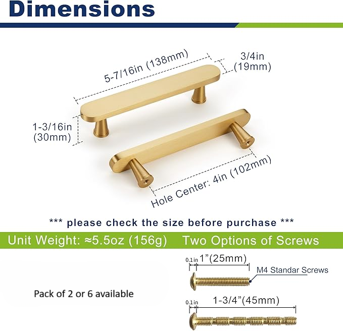 Flat Solid Brass Cabinet Pulls, Gold Kitchen Cabinet Handles, Gold Dresser Drawer Pulls, Modern Furniture Hardware, T-Bar Flat, Single Hole, Brushed Finish (2 or 6 pack) - Luciddepot