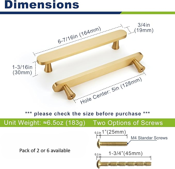 Flat Solid Brass Cabinet Pulls, Gold Kitchen Cabinet Handles, Gold Dresser Drawer Pulls, Modern Furniture Hardware, T-Bar Flat, Single Hole, Brushed Finish (2 or 6 pack) - Luciddepot