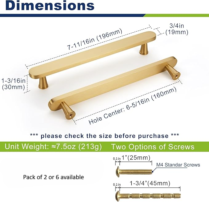 Flat Solid Brass Cabinet Pulls, Gold Kitchen Cabinet Handles, Gold Dresser Drawer Pulls, Modern Furniture Hardware, T-Bar Flat, Single Hole, Brushed Finish (2 or 6 pack) - Luciddepot