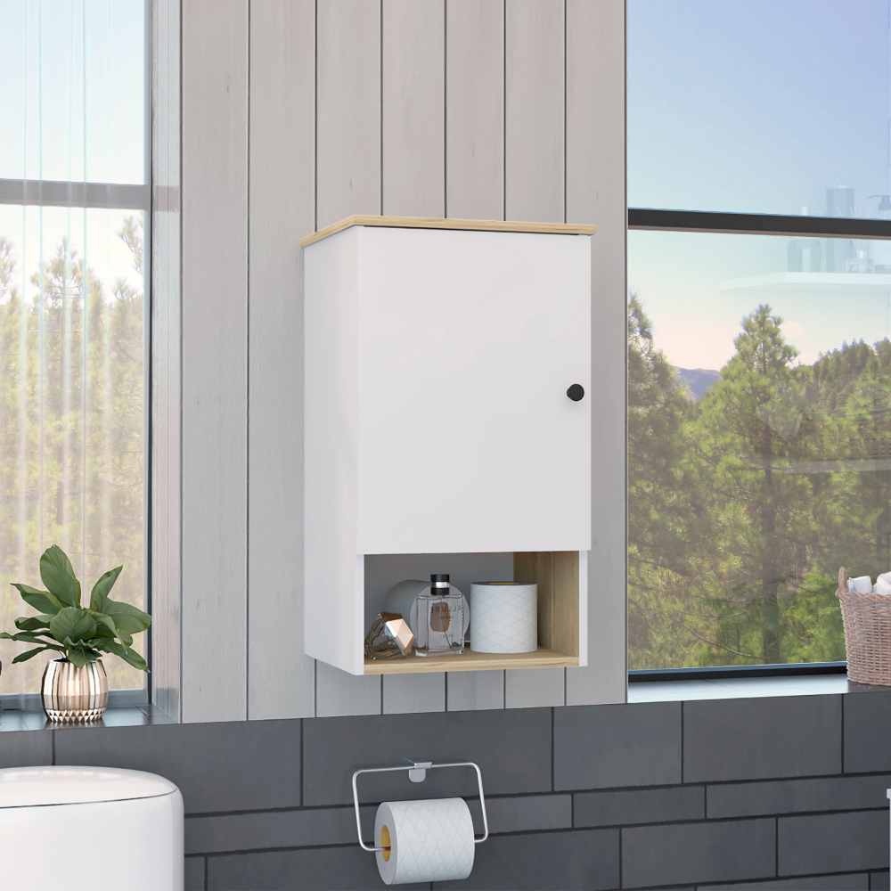 Arya Medicine Single Door Cabinet, One Shelf, Two Interior Shelves, Light Oak / White - Luciddepo