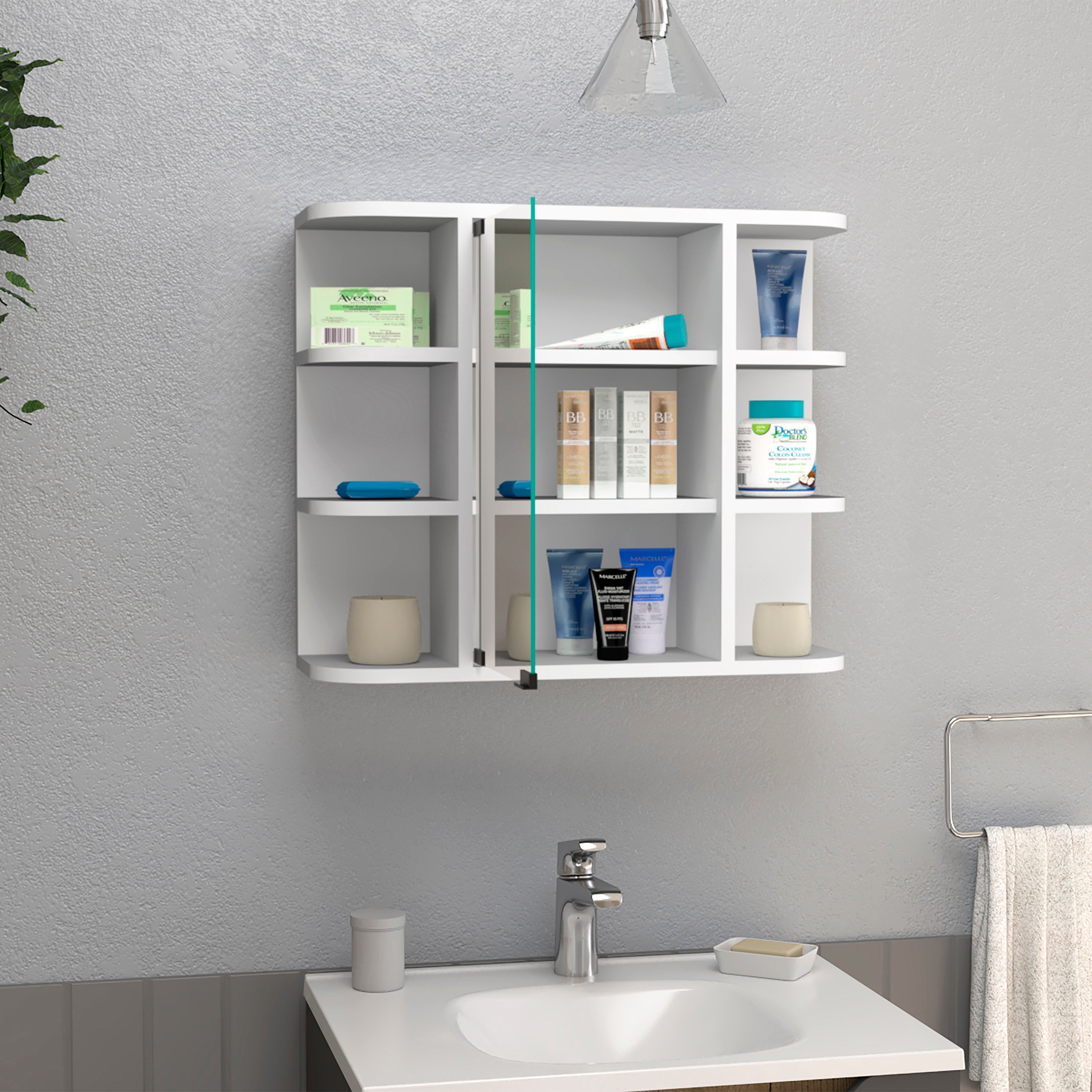 Roma Mirrored Medicine Cabinet, Six External Shelves, Three Interior Shelves, White - Luciddepo