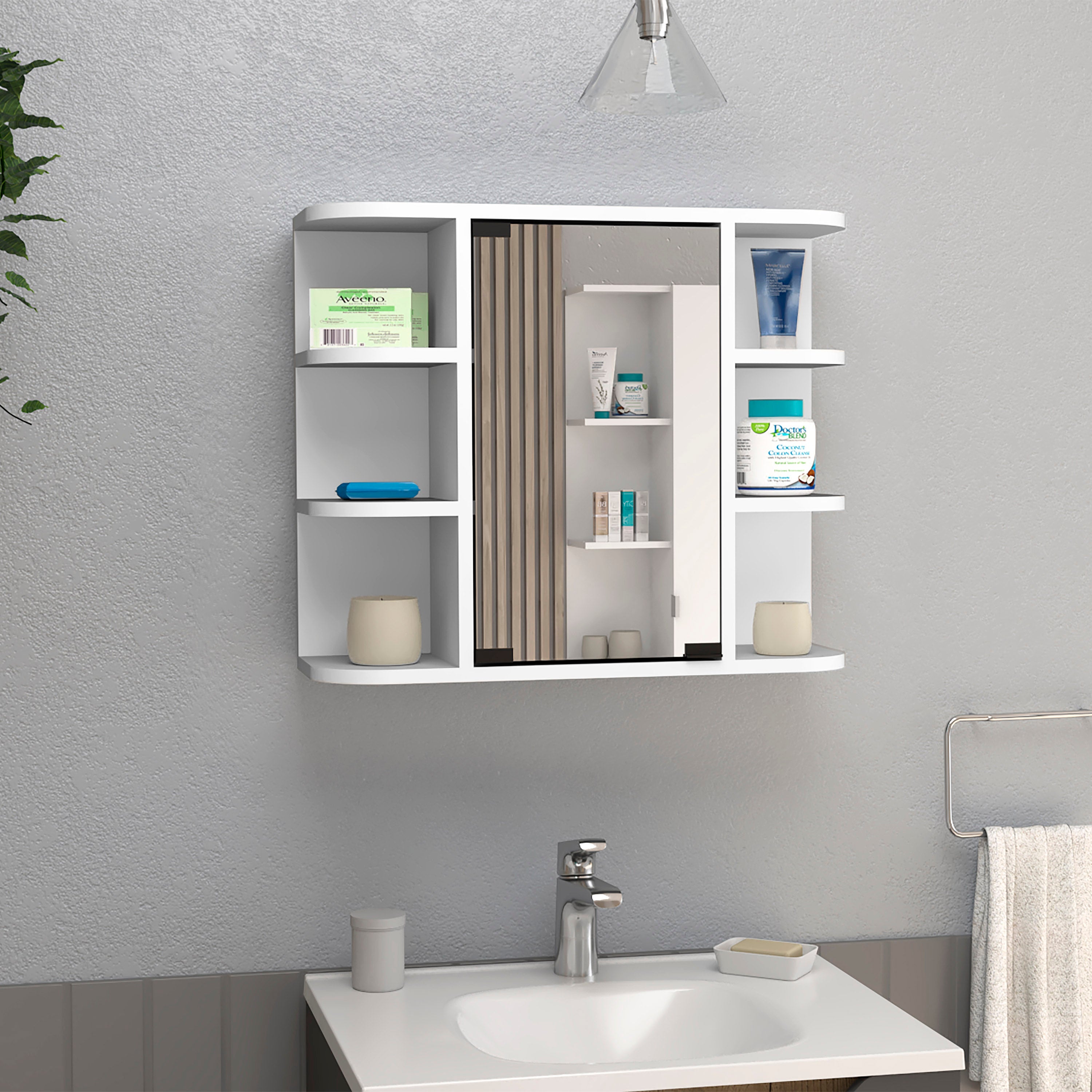 Roma Mirrored Medicine Cabinet, Six External Shelves, Three Interior Shelves, White - Luciddepo