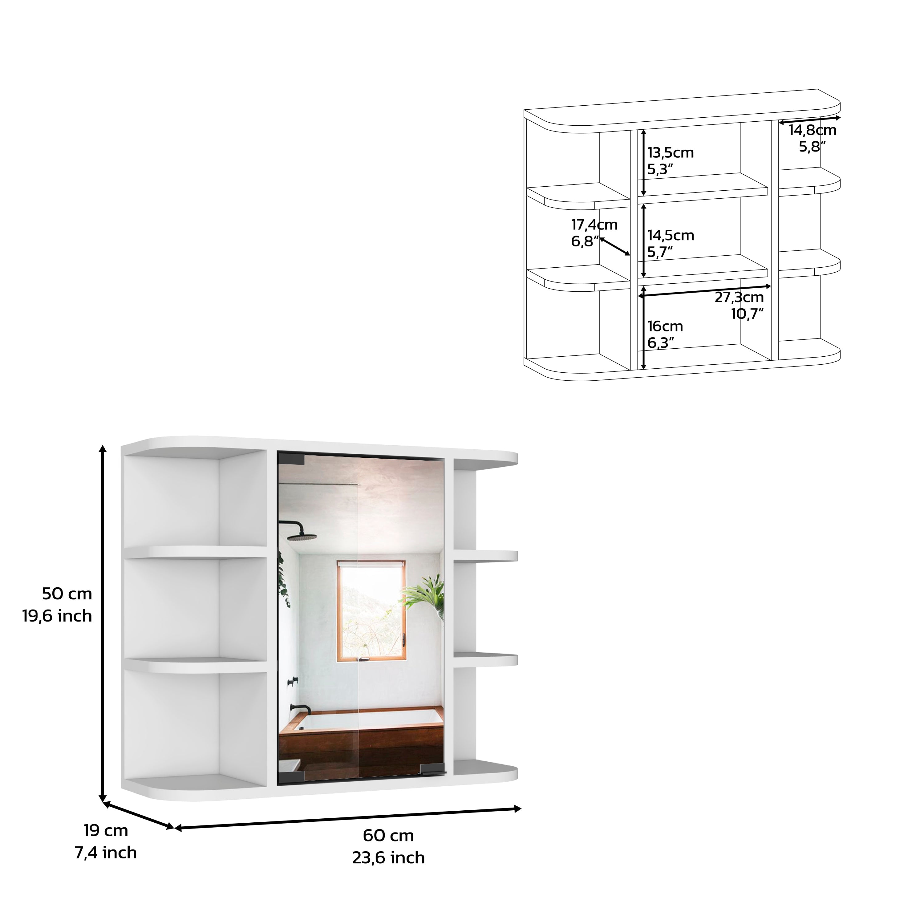 Roma Mirrored Medicine Cabinet, Six External Shelves, Three Interior Shelves, White - Luciddepo