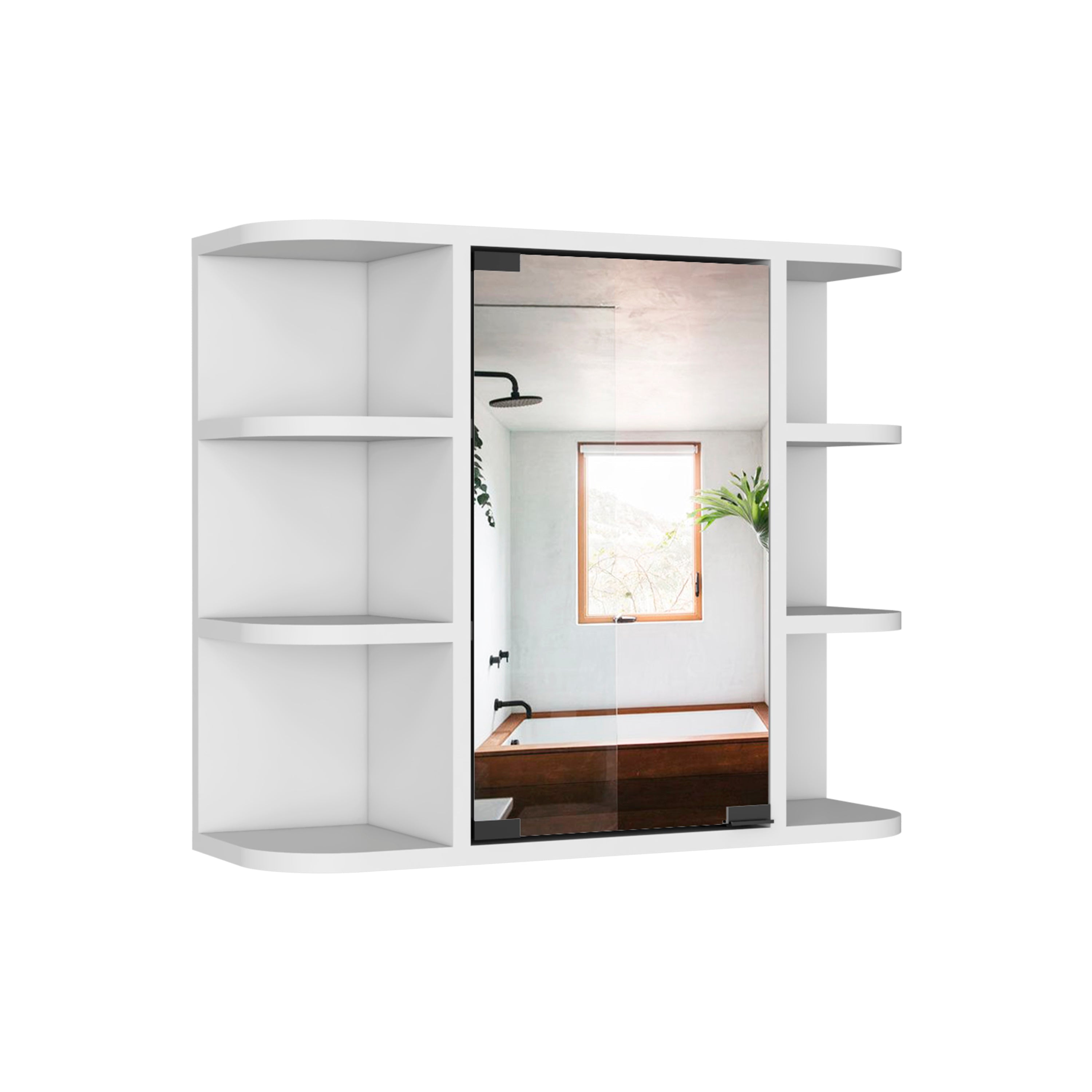 Roma Mirrored Medicine Cabinet, Six External Shelves, Three Interior Shelves, White - Luciddepo