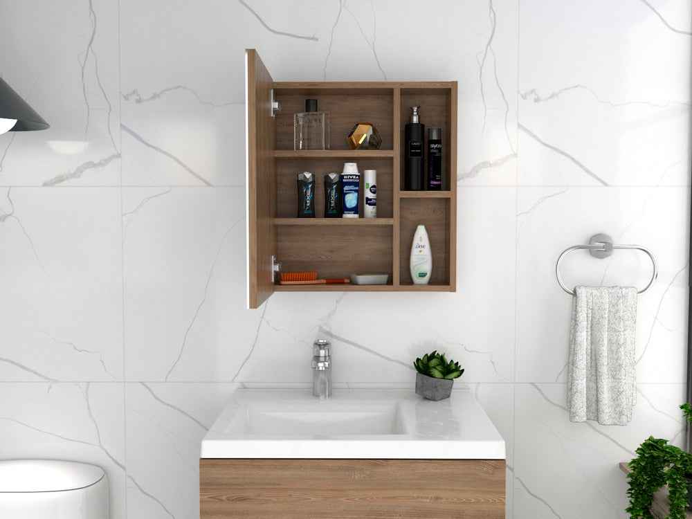 Andes Medicine Single Door Cabinet With Mirror, Five Interior Shelves, Light Oak