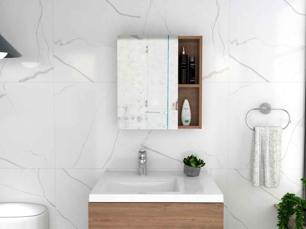 Andes Medicine Single Door Cabinet With Mirror, Five Interior Shelves, Light Oak