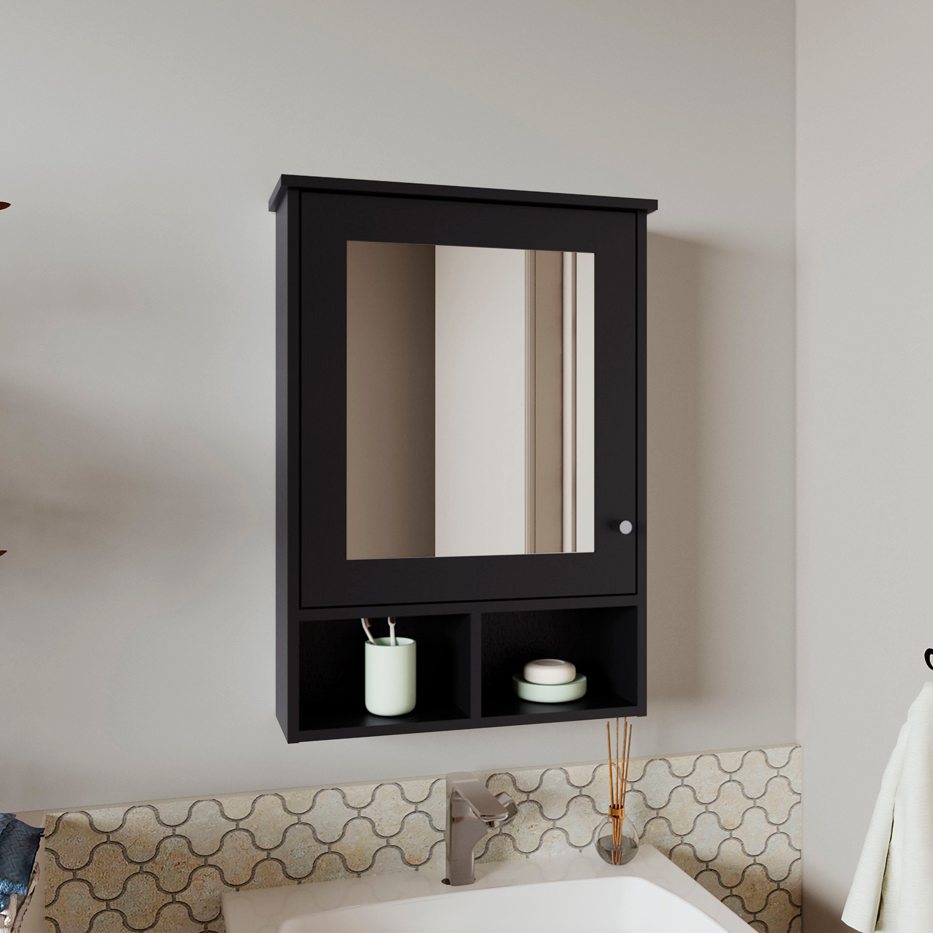 Anamoose Medicine Cabinet with 5 Shelves, 1 Door, and 1 Mirror, Black Wengue - Luciddepo