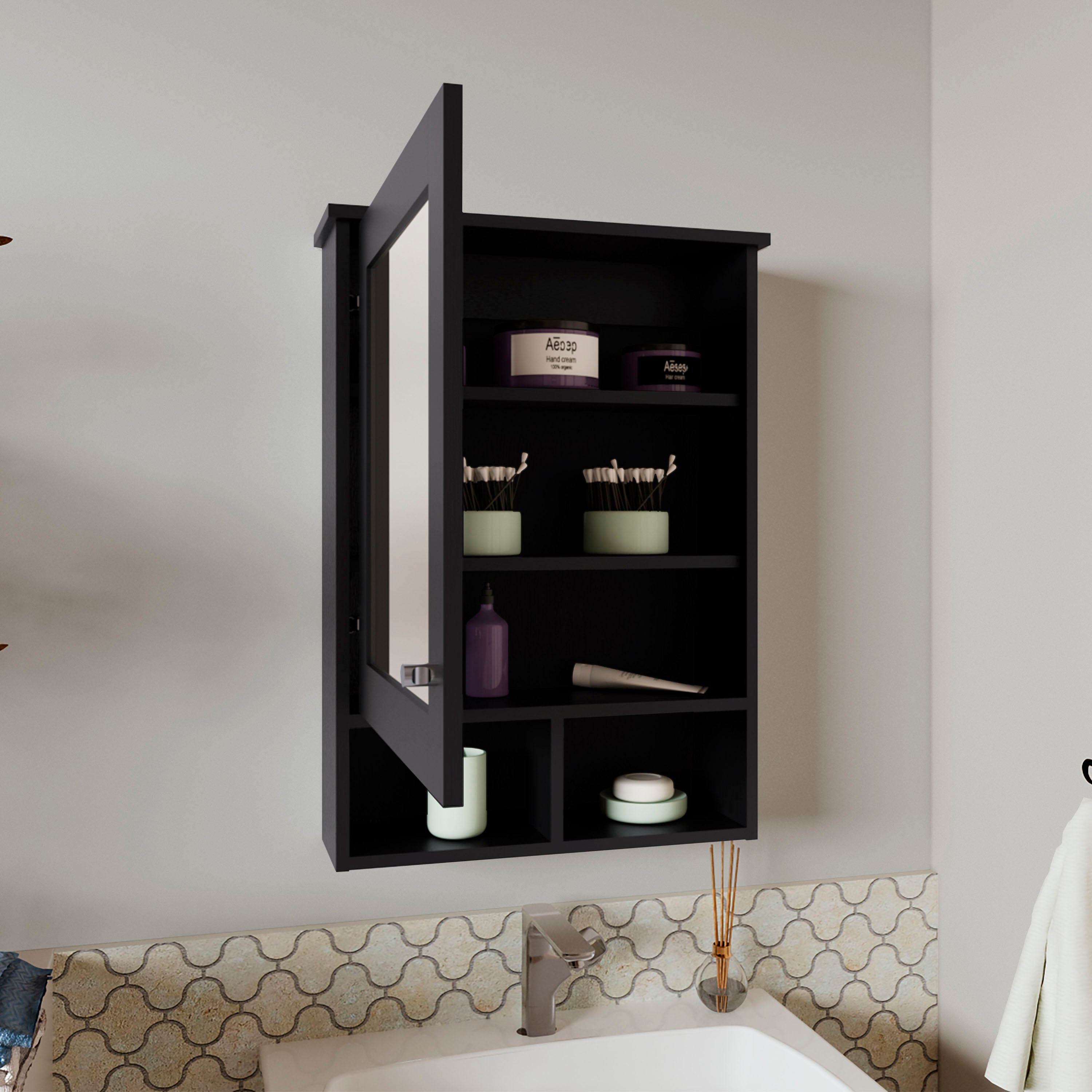 Anamoose Medicine Cabinet with 5 Shelves, 1 Door, and 1 Mirror, Black Wengue - Luciddepo