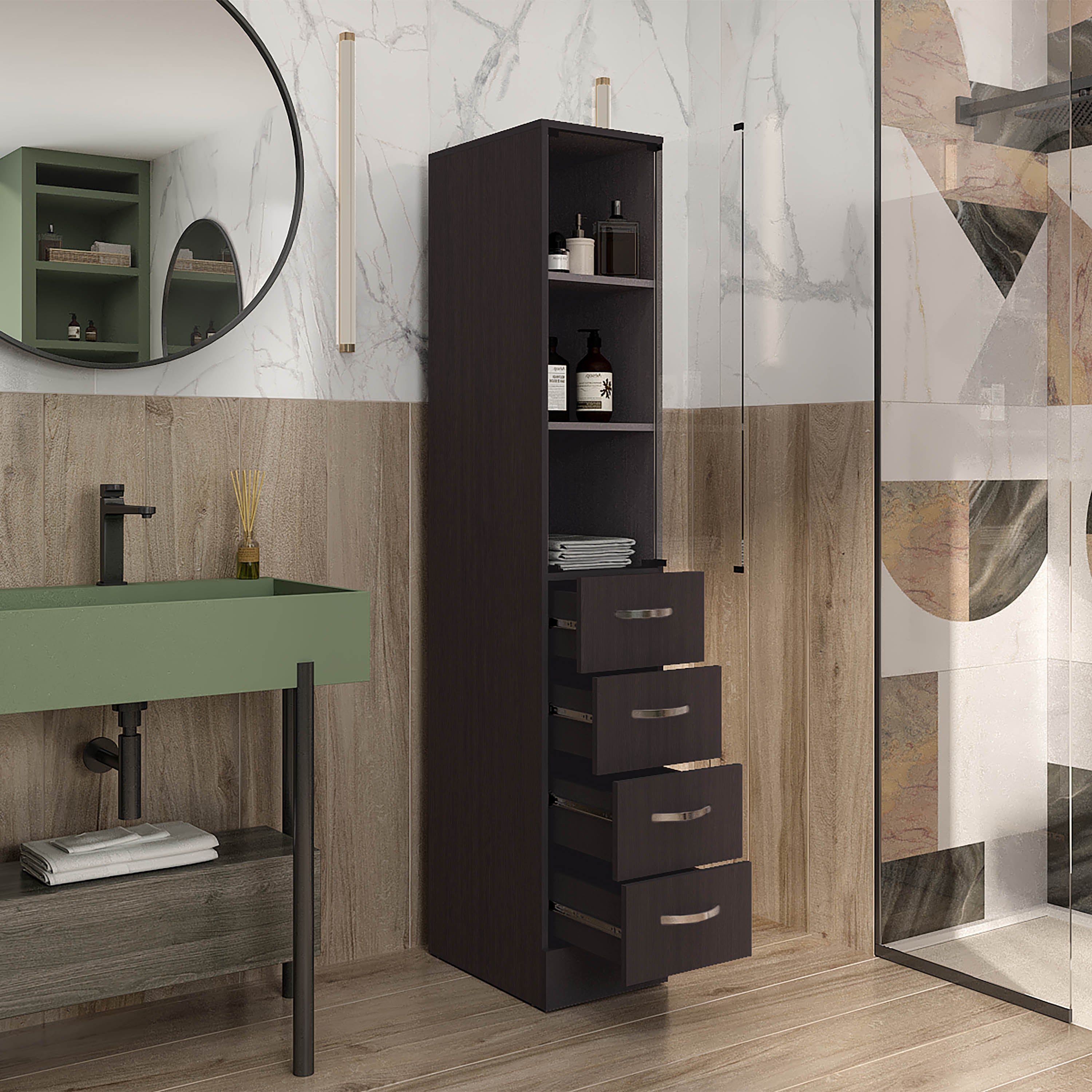 Magna Linen Cabinet, Three Shelves, Four Drawers, Black - Luciddepo