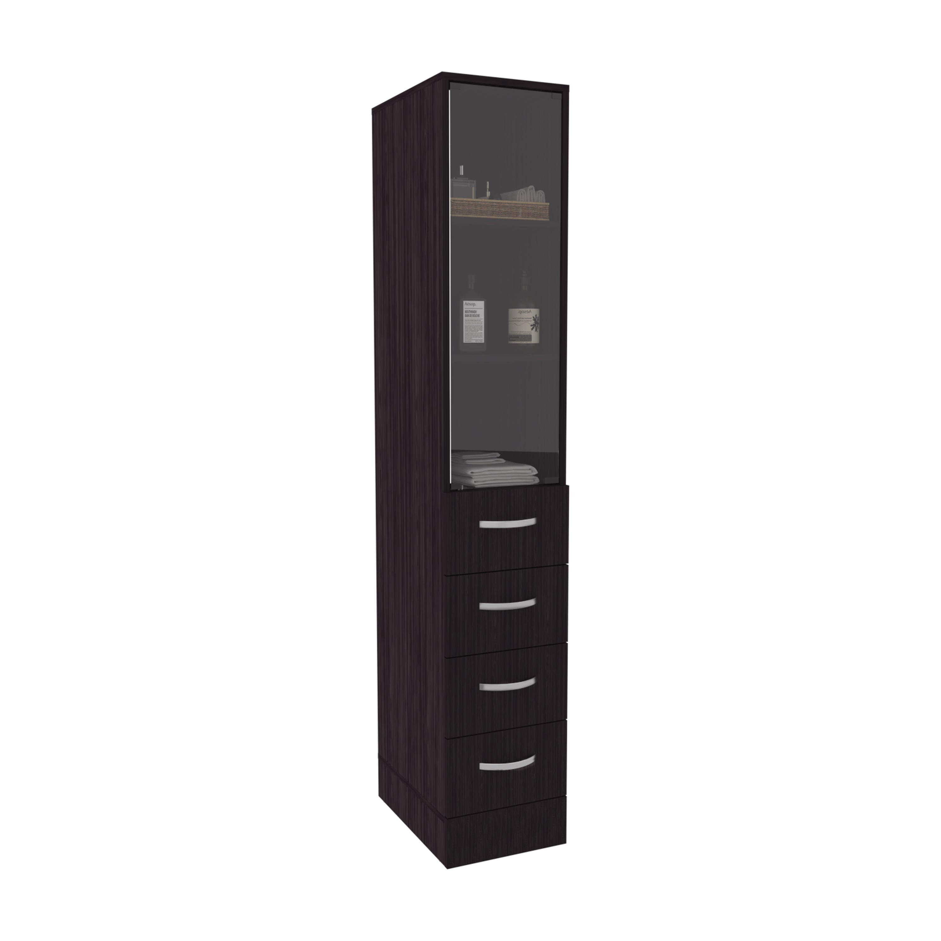 Magna Linen Cabinet, Three Shelves, Four Drawers, Black - Luciddepo