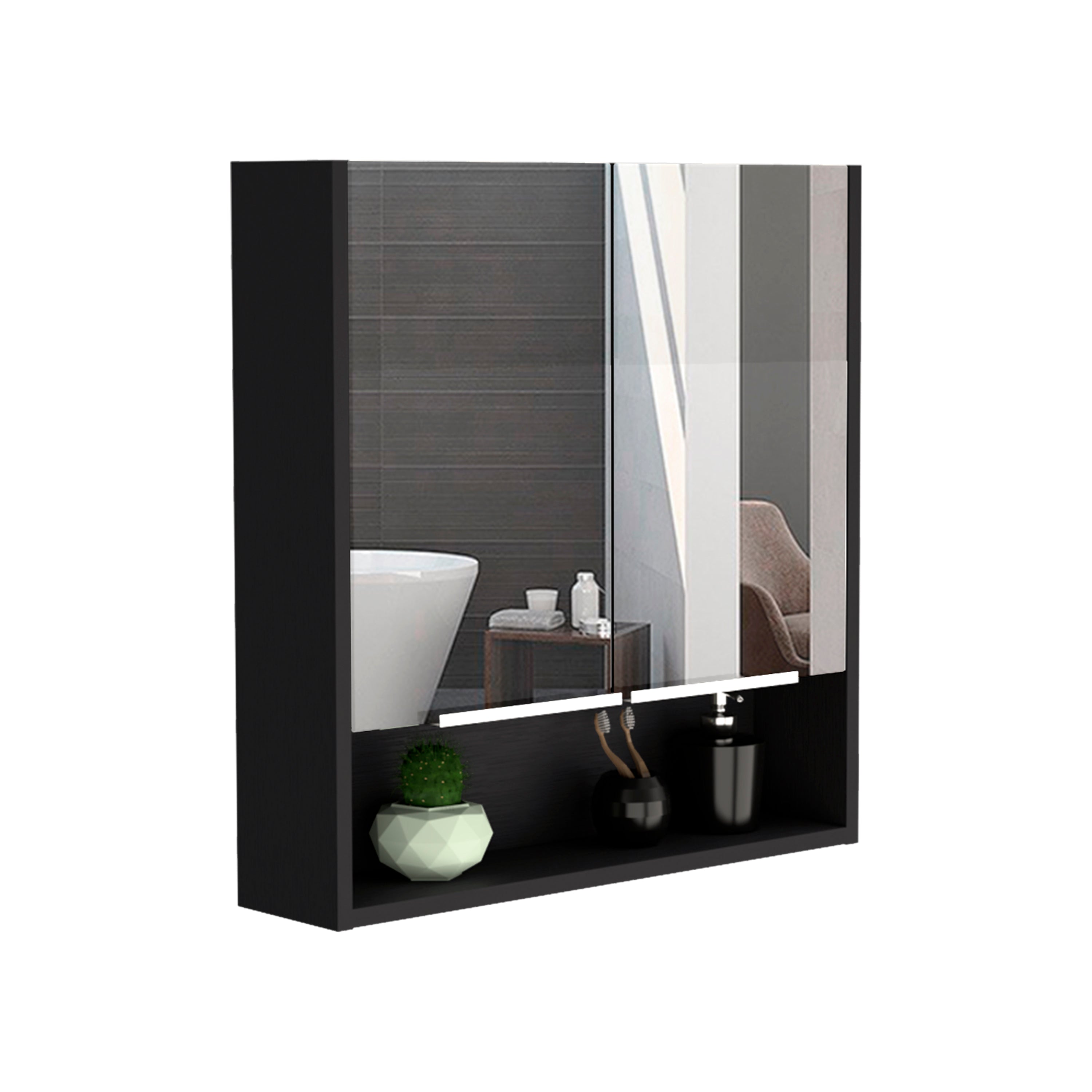 Tatacoa Mirror Medicine Cabinet, One Open Shelf, Three Interior Shelves, Black - Luciddepo