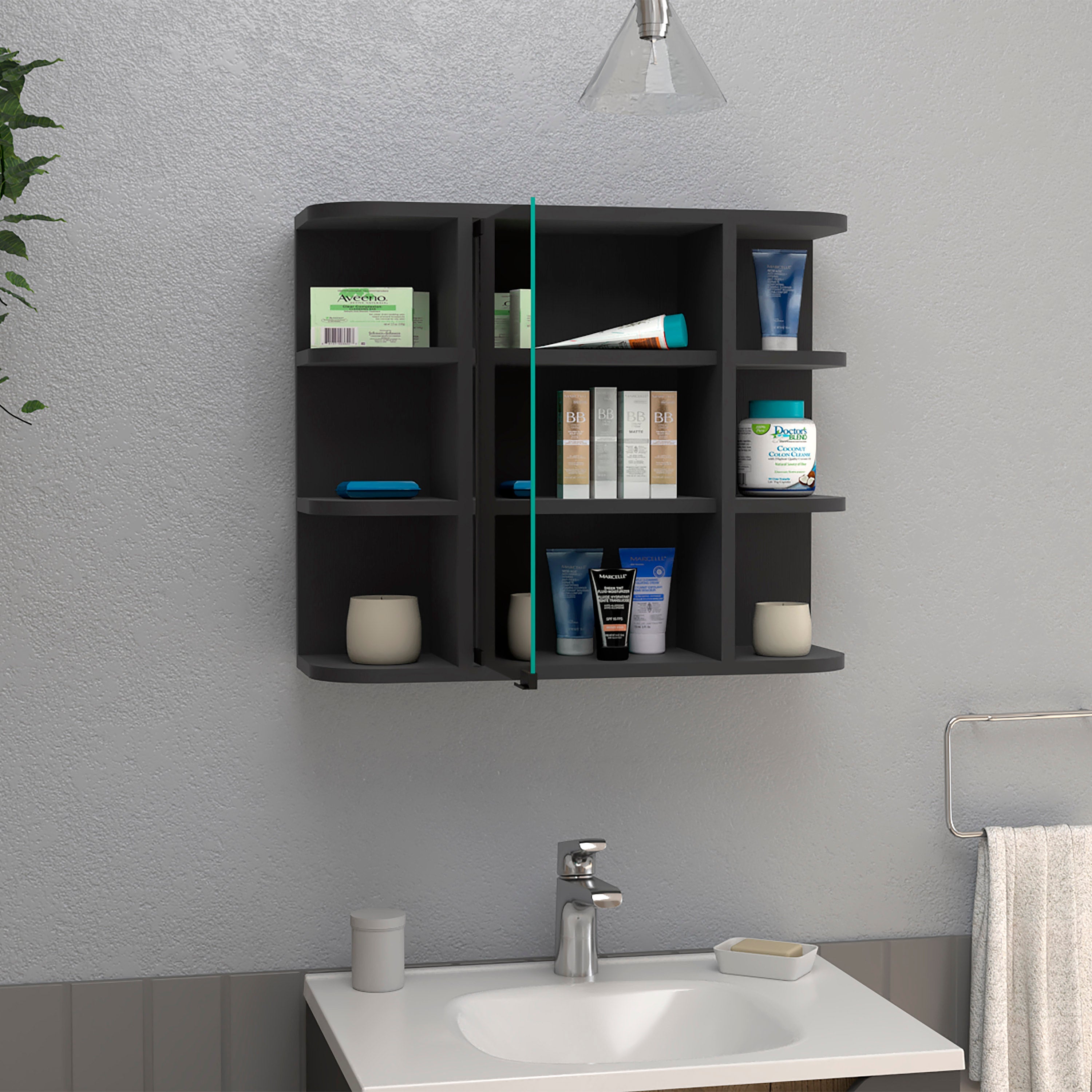 Roma Mirrored Medicine Cabinet, Six External Shelves, Three Interior Shelves, Black - Luciddepo