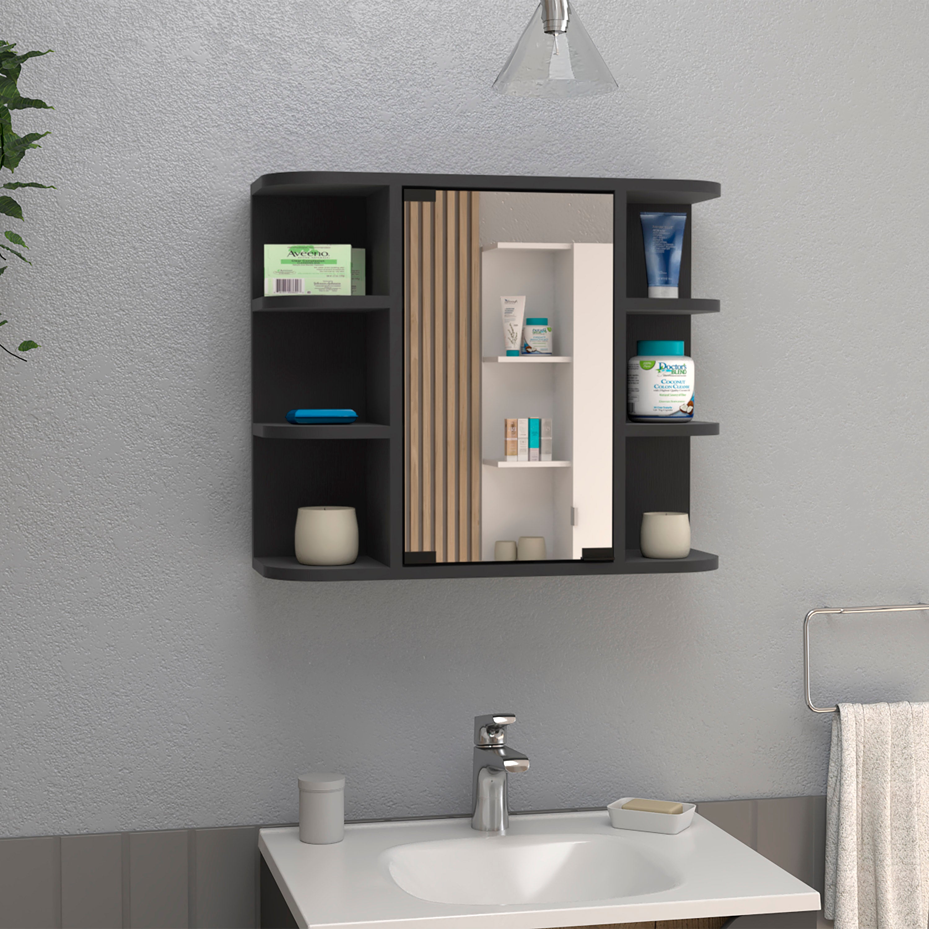 Roma Mirrored Medicine Cabinet, Six External Shelves, Three Interior Shelves, Black - Luciddepo