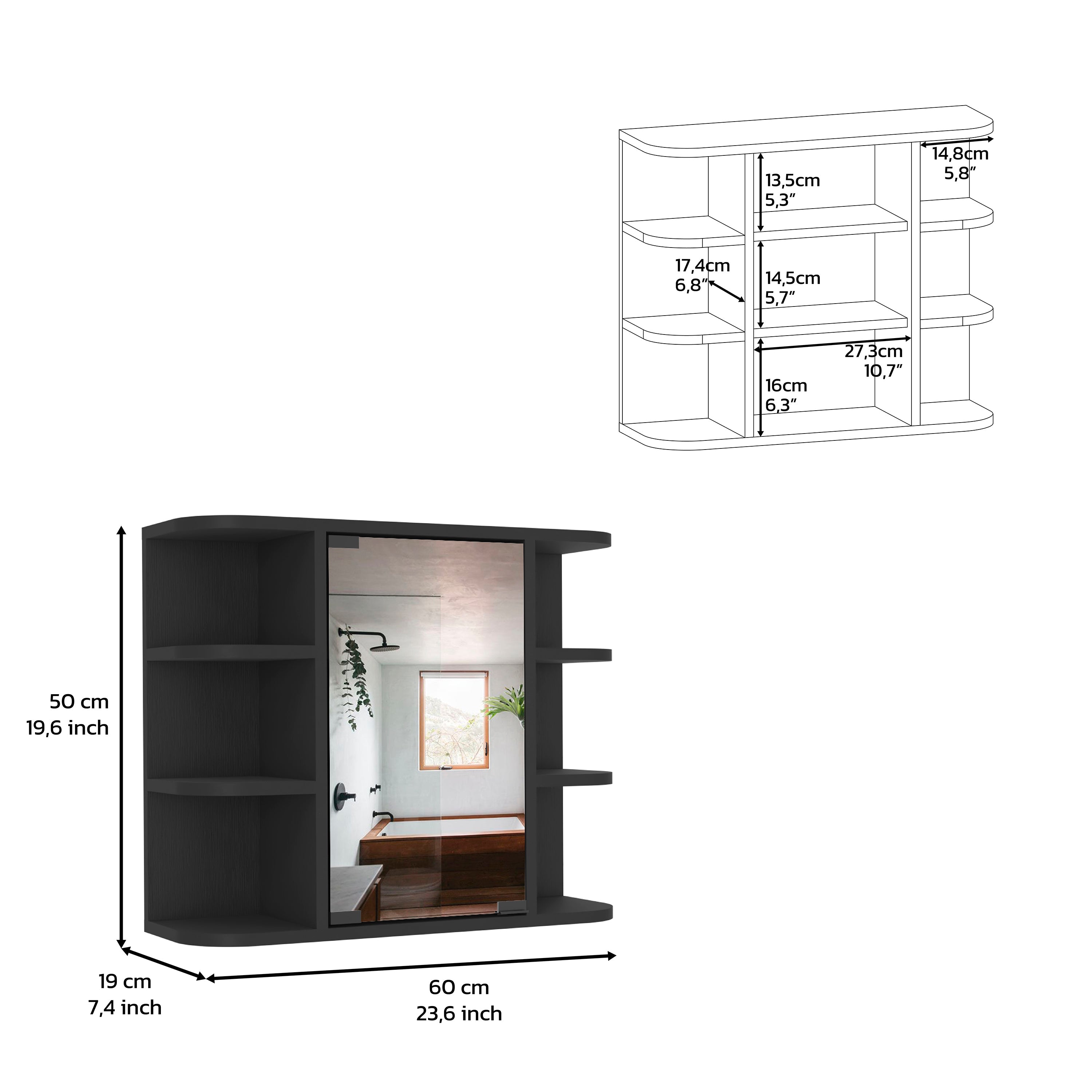 Roma Mirrored Medicine Cabinet, Six External Shelves, Three Interior Shelves, Black - Luciddepo
