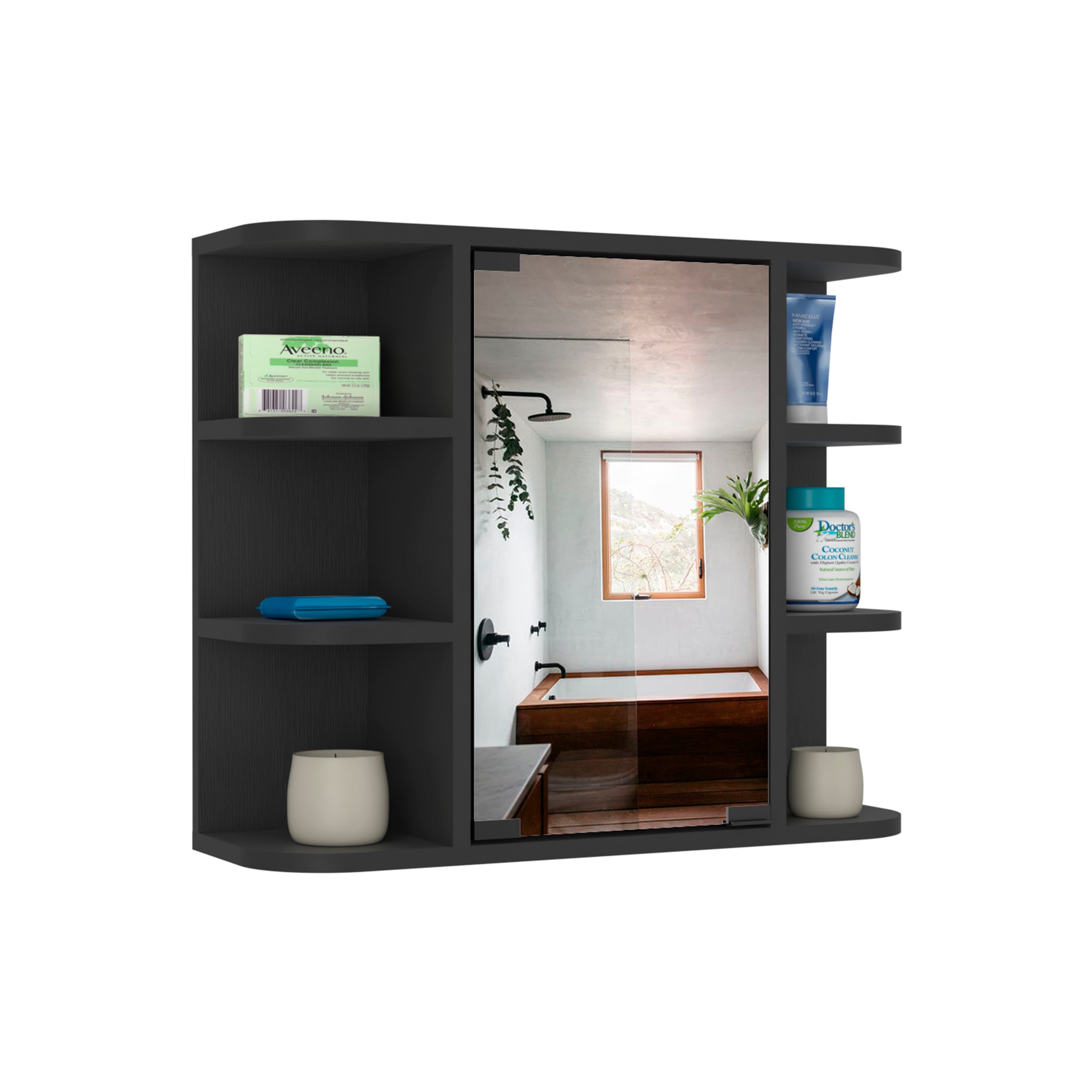 Roma Mirrored Medicine Cabinet, Six External Shelves, Three Interior Shelves, Black - Luciddepo