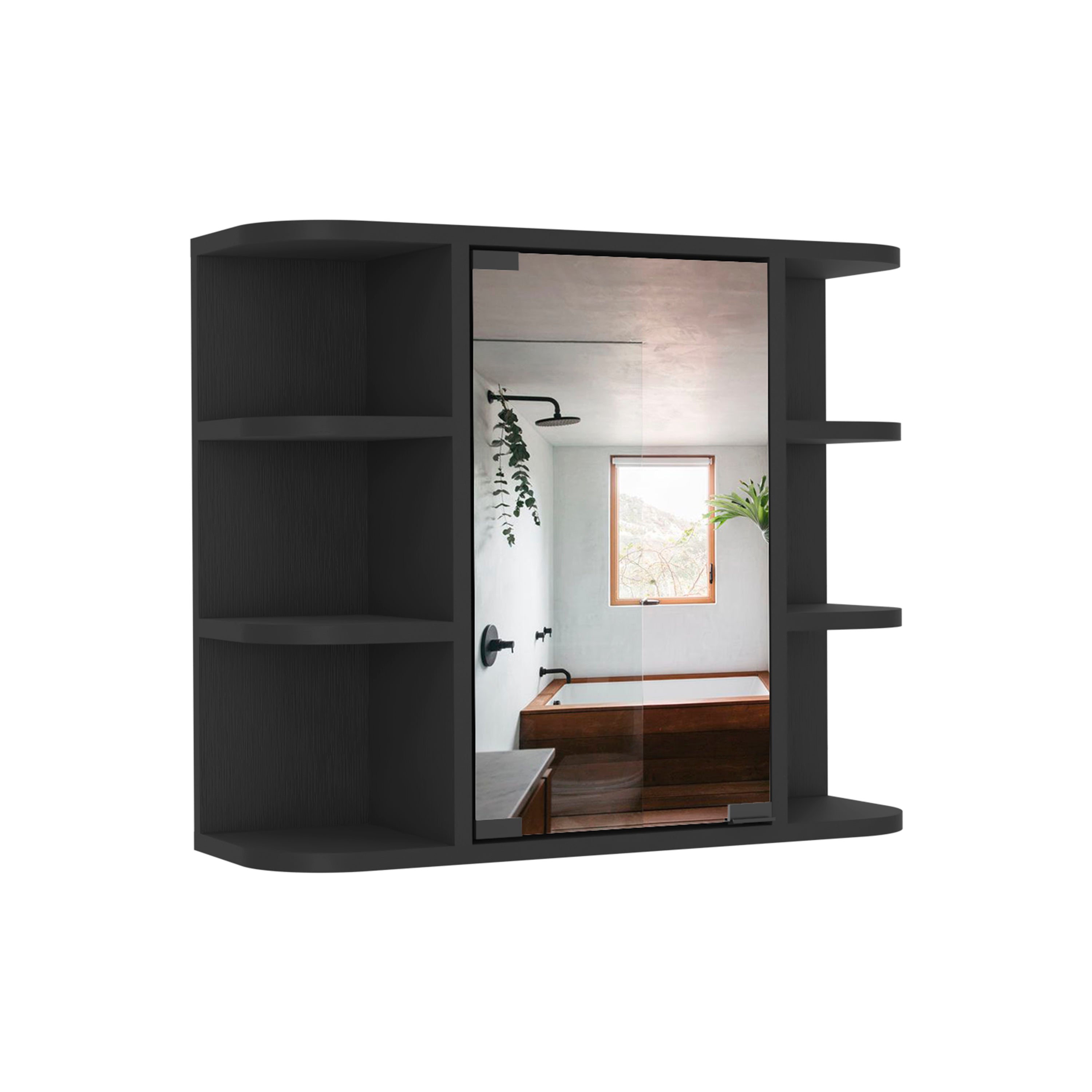 Roma Mirrored Medicine Cabinet, Six External Shelves, Three Interior Shelves, Black - Luciddepo