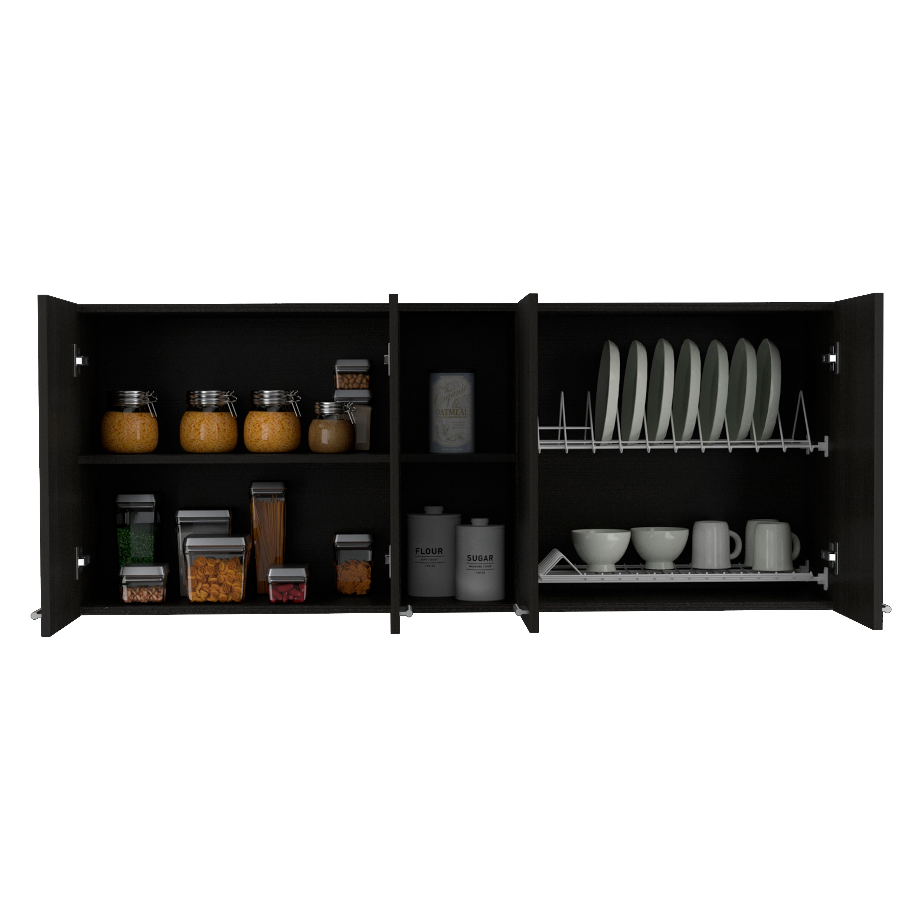 Olimpo 150 Wall Cabinet with Four Doors, Two Open Storage Shelves, Two Internal Shelves, Internal Dish and Glass Organizer, Black - Luciddepo