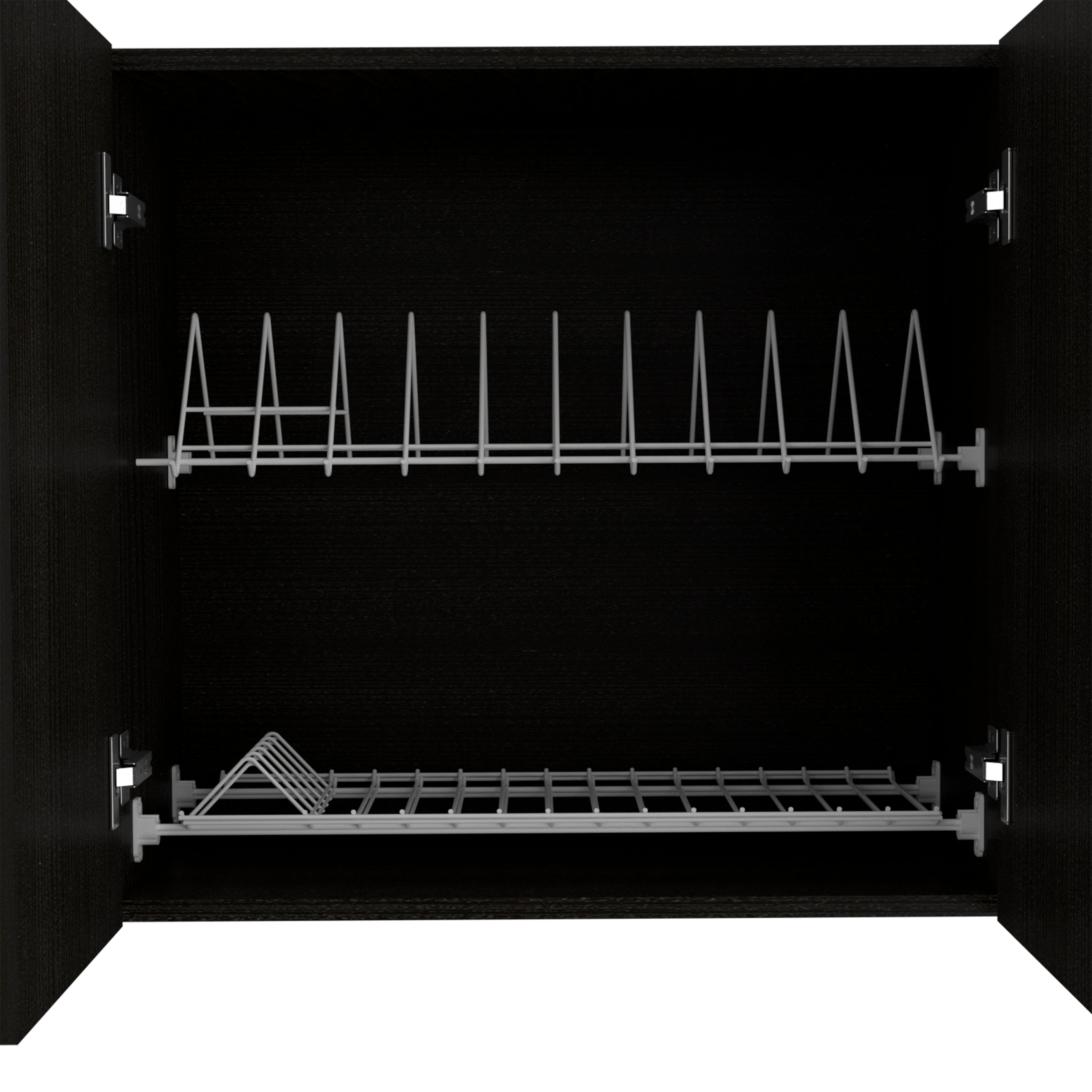 Olimpo 150 Wall Cabinet with Four Doors, Two Open Storage Shelves, Two Internal Shelves, Internal Dish and Glass Organizer, Black - Luciddepo