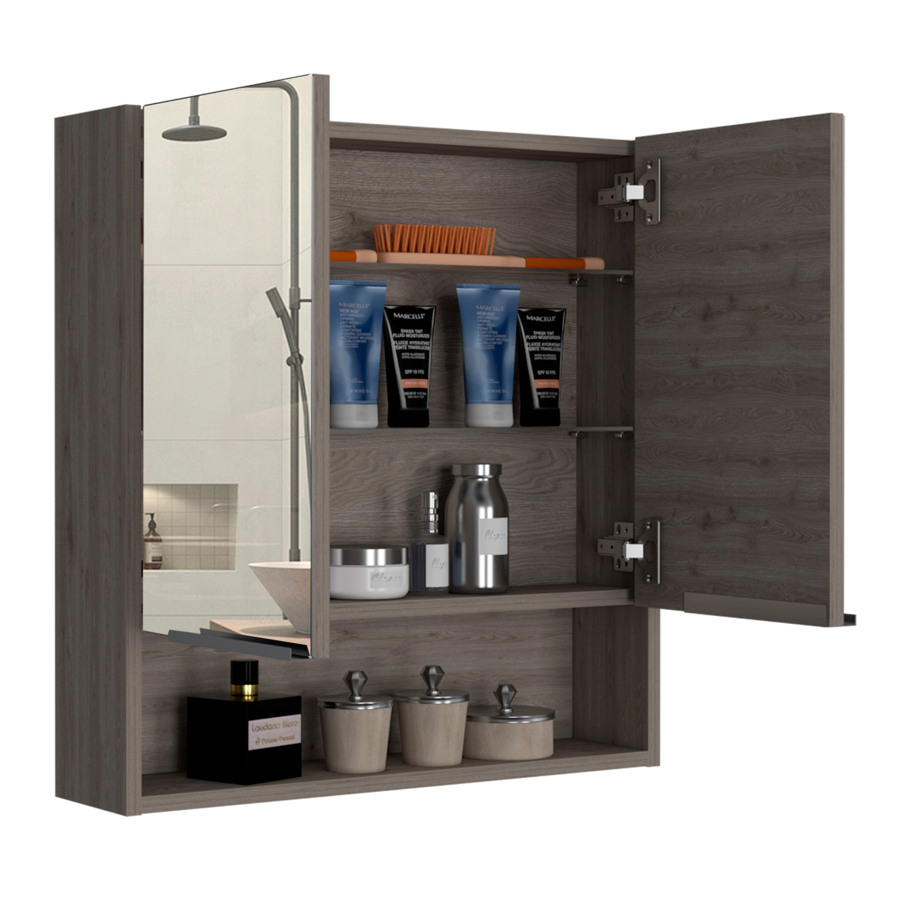 Tatacoa Mirror Medicine Cabinet, One Open Shelf, Three Interior Shelves, Light Gray - Luciddepo