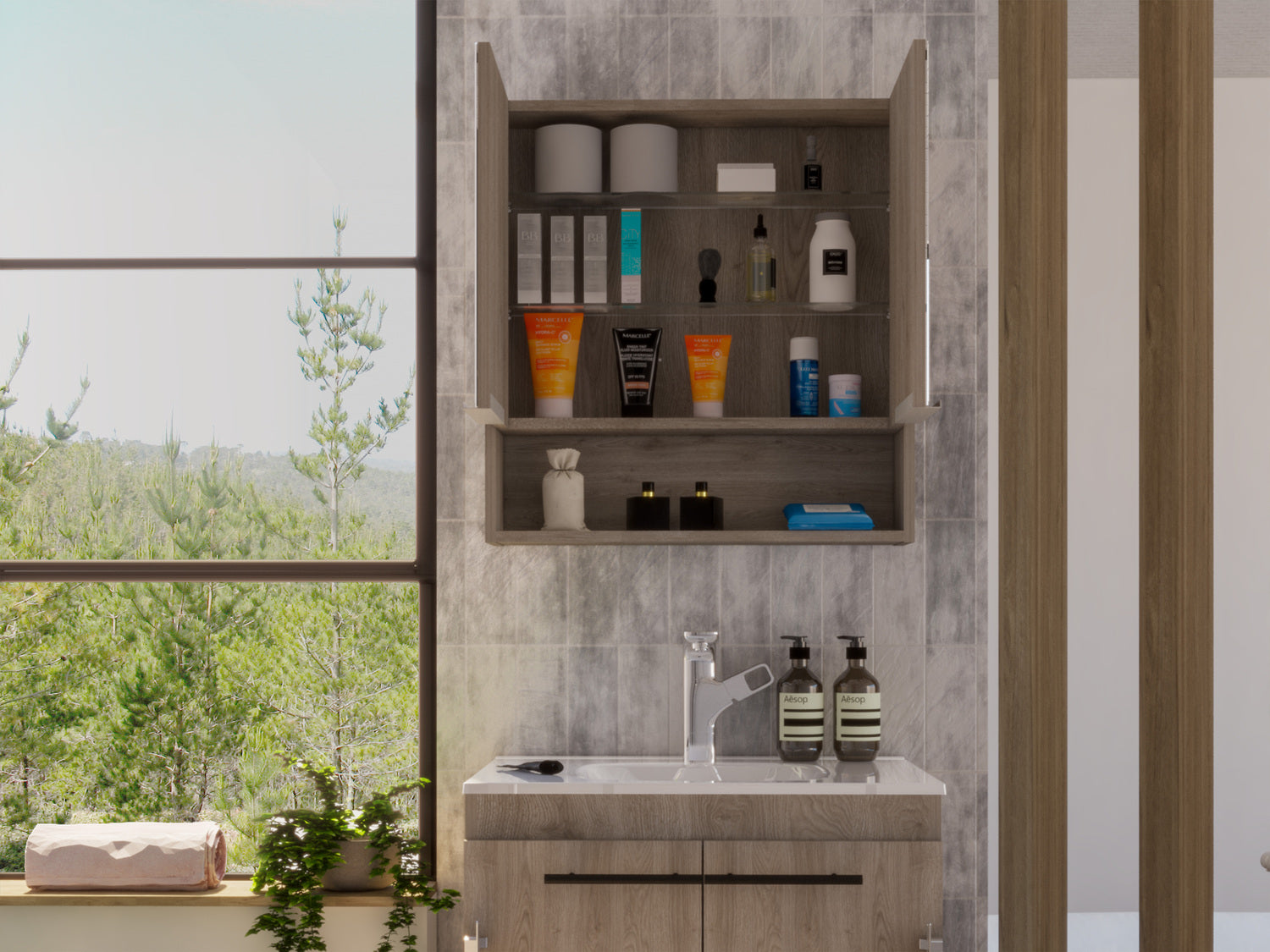 Tatacoa Mirror Medicine Cabinet, One Open Shelf, Three Interior Shelves, Light Gray - Luciddepo