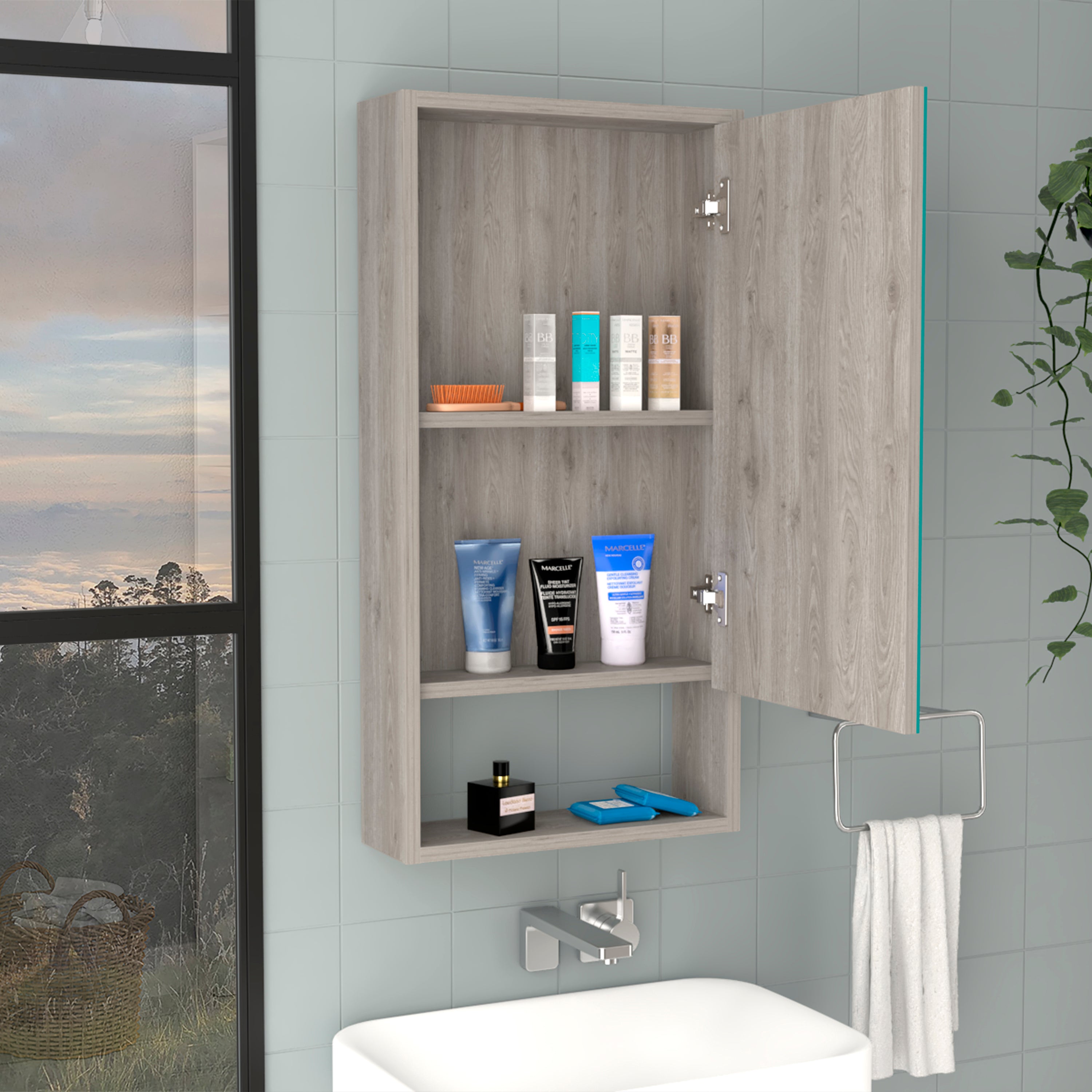 Palermo Medicine Single Door Cabinet, Two Interior Shelves, One External Shelf, Light Gray - Luciddepo