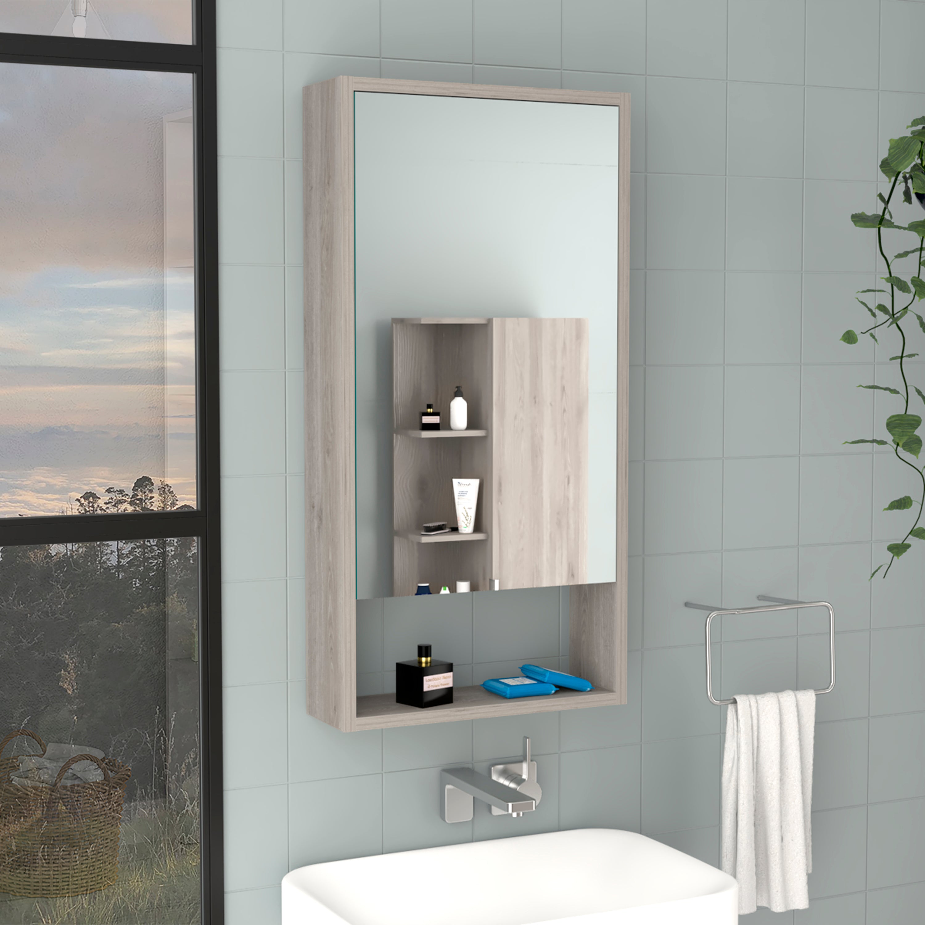 Palermo Medicine Single Door Cabinet, Two Interior Shelves, One External Shelf, Light Gray - Luciddepo