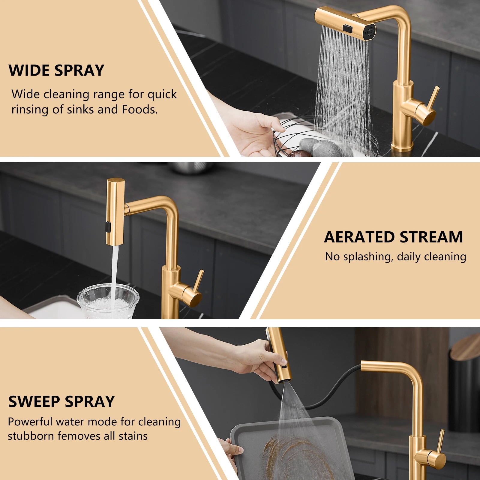 Kitchen, Faucet, Single Handle Faucet, Push Button, T Pull-Out Sprayer, Ceramic Valve, Nickle, Black, Gold