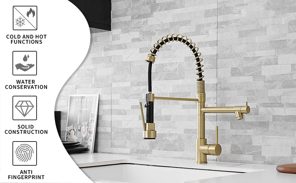 Kitchen, Faucet, Single Handle Faucet, Contemporary, Push Button, Pull-Out Sprayer, two nozzle, Ceramic Valve, Core Sense Faucet, Gold