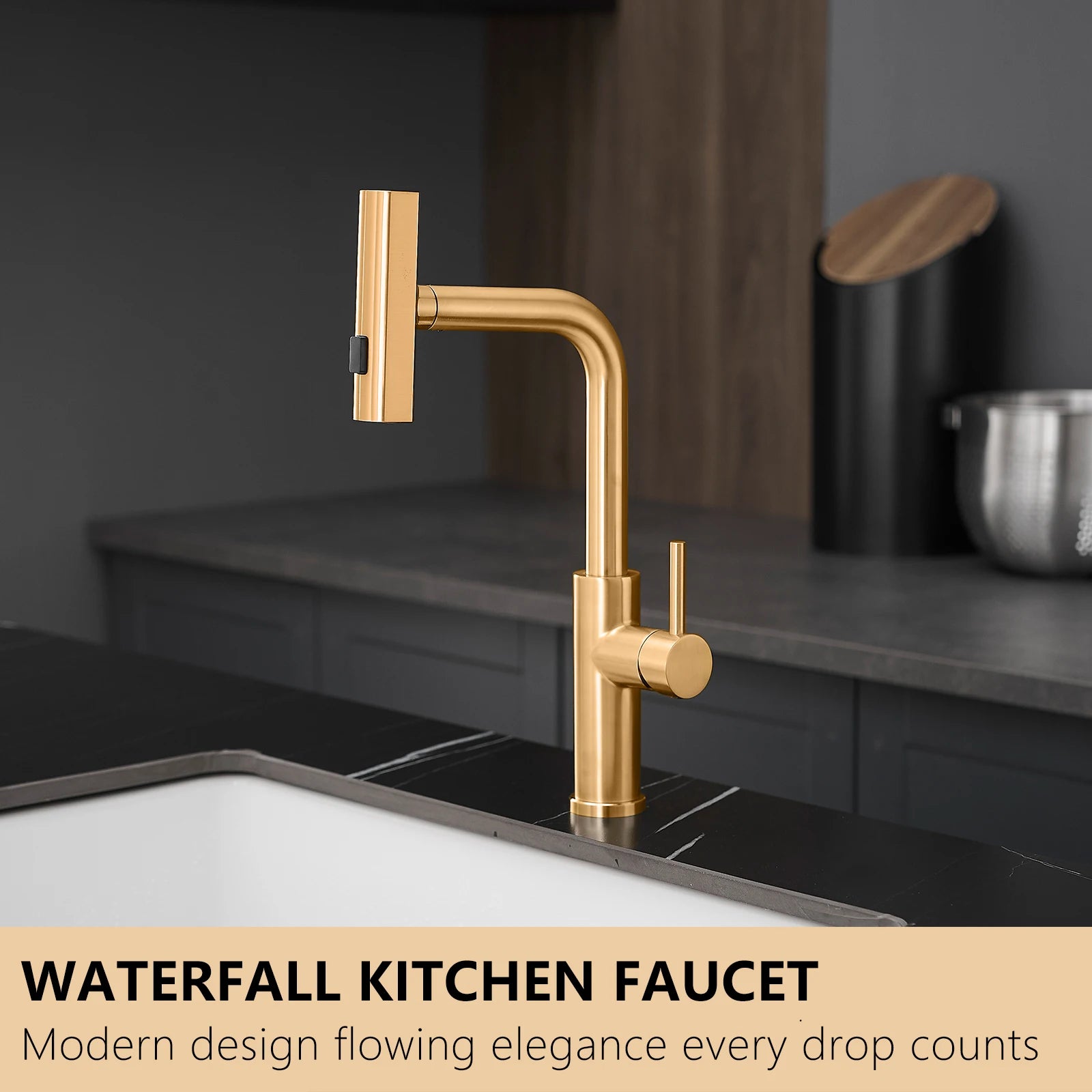 Kitchen, Faucet, Single Handle Faucet, Push Button, T Pull-Out Sprayer, Ceramic Valve, Nickle, Black, Gold