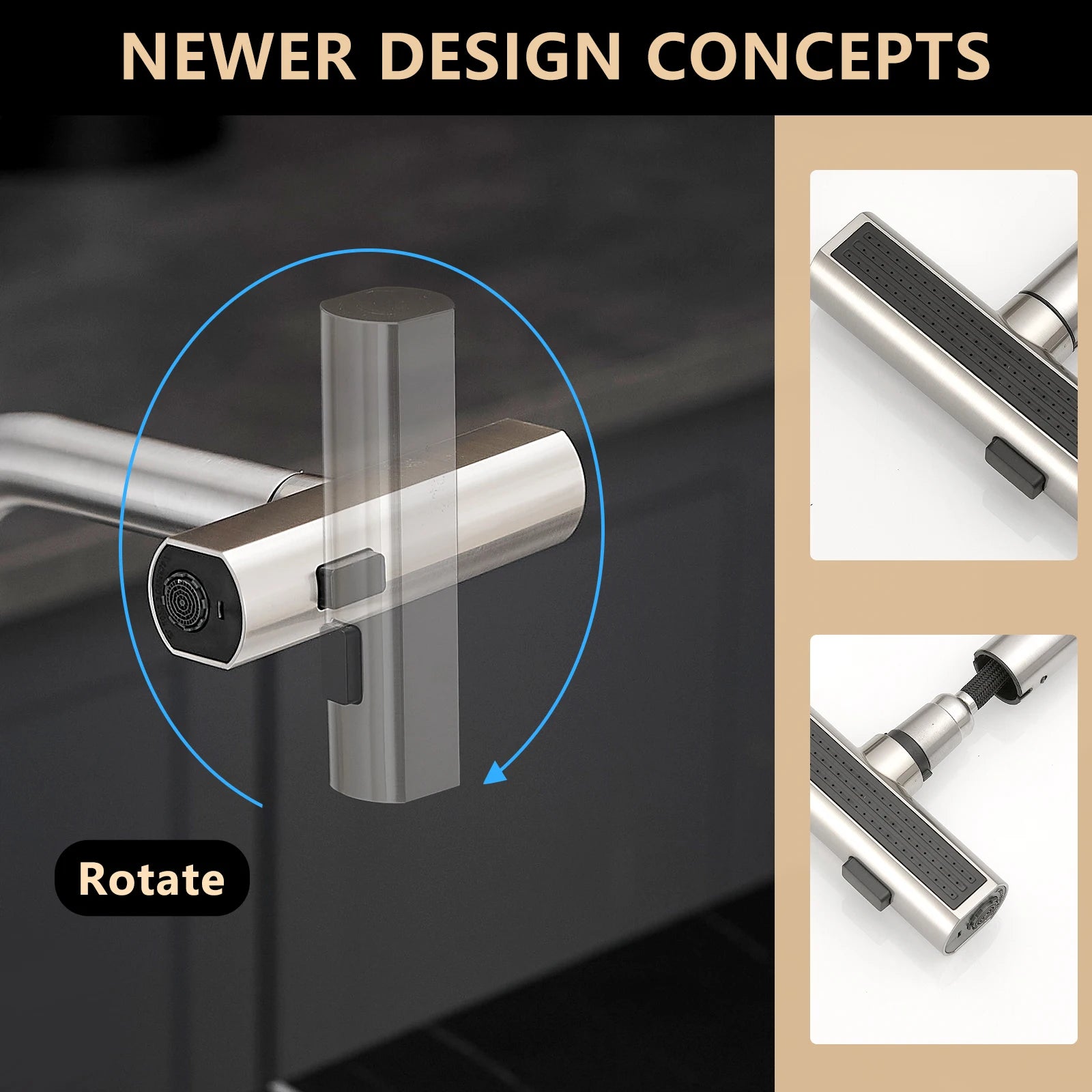 Kitchen, Faucet, Single Handle Faucet, Push Button, T Pull-Out Sprayer, Ceramic Valve, Nickle, Black, Gold