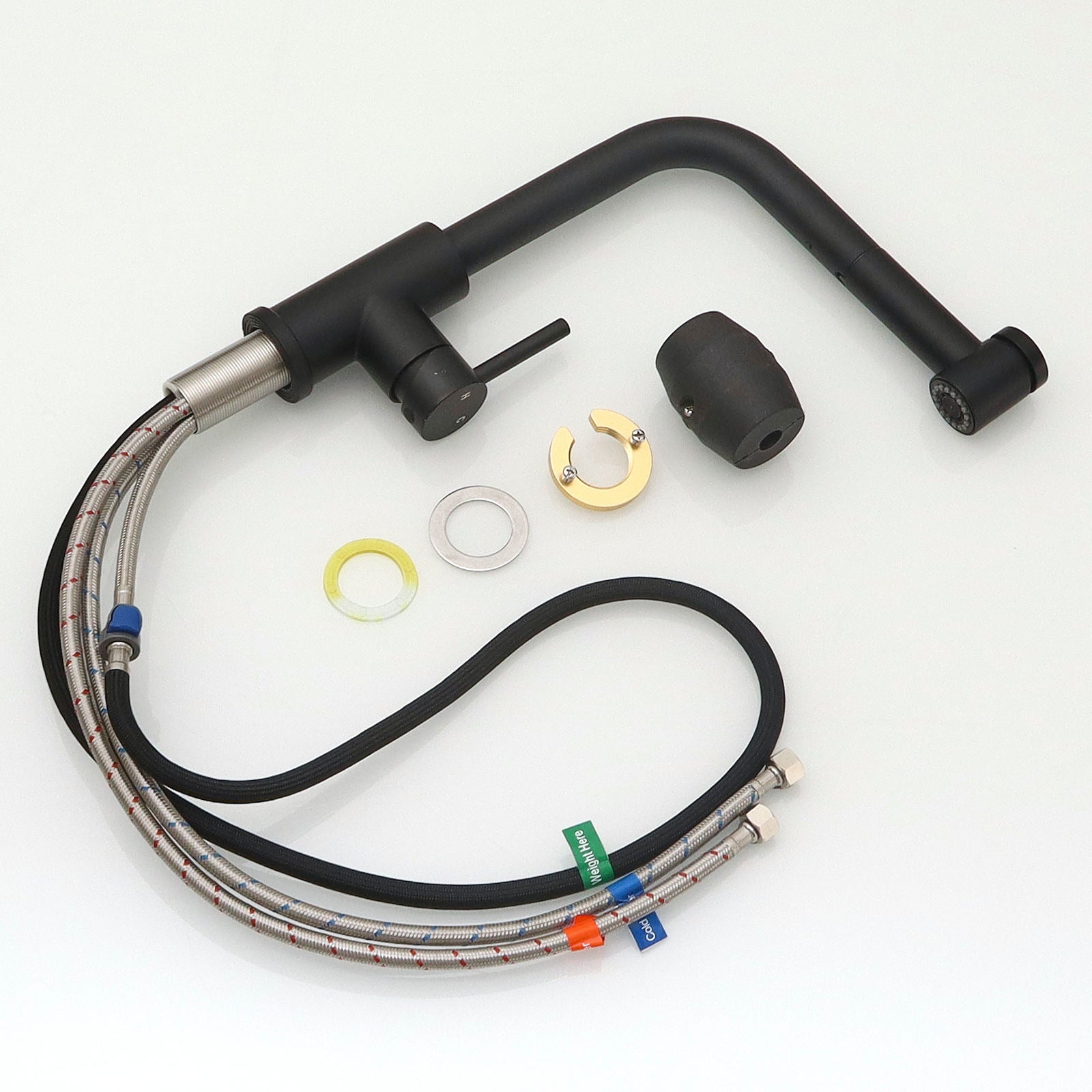 Kitchen, Faucet, Single Handle Faucet, Top Push Button, Spring Pull-Out Sprayer, Ceramic Valve, Black, Nickle