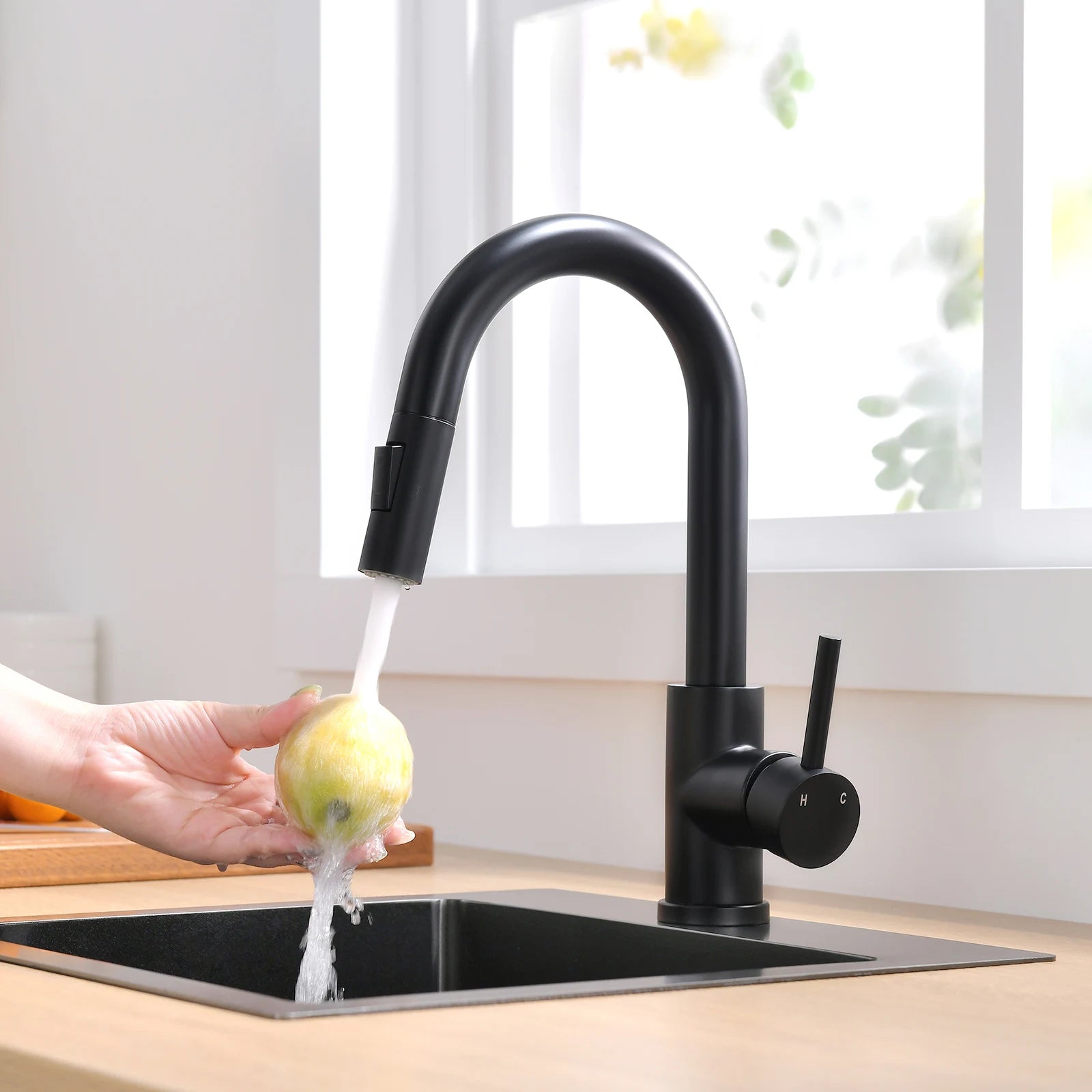 Kitchen, Faucet, Single Handle Faucet, Flat Button, Spring Pull-Out Sprayer, Ceramic Valve, Black, Nickle