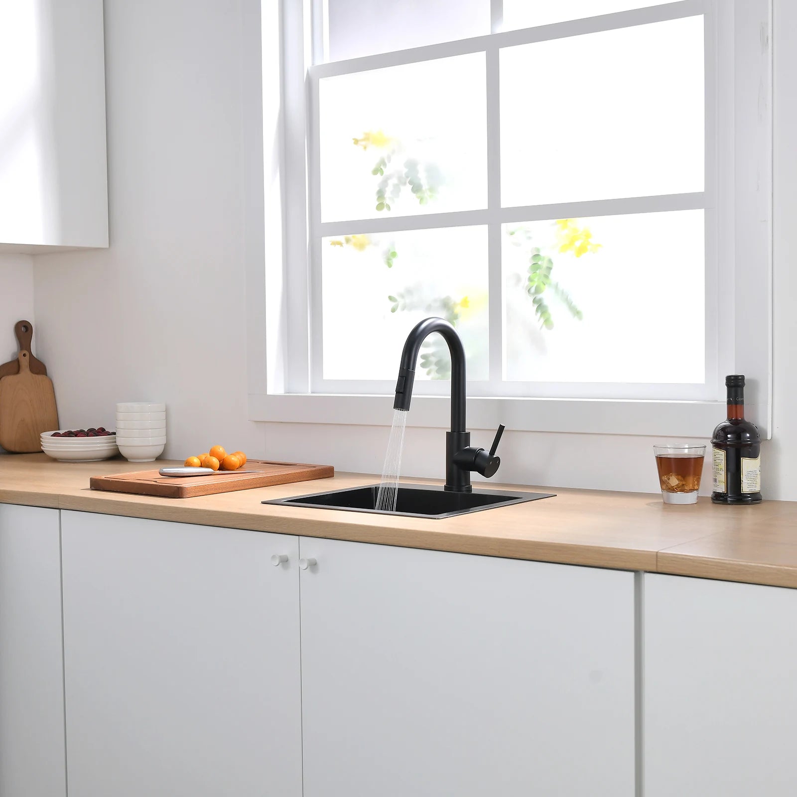 Kitchen, Faucet, Single Handle Faucet, Flat Button, Spring Pull-Out Sprayer, Ceramic Valve, Black, Nickle