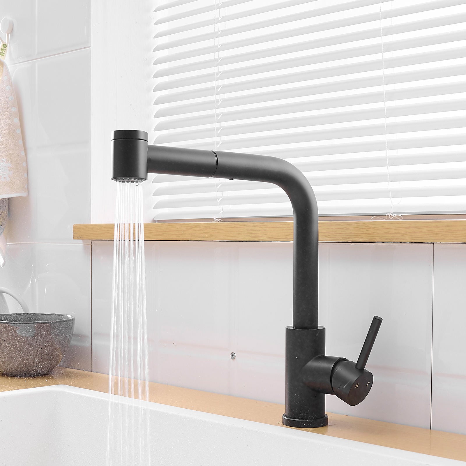 Kitchen, Faucet, Single Handle Faucet, Top Push Button, Spring Pull-Out Sprayer, Ceramic Valve, Black, Nickle