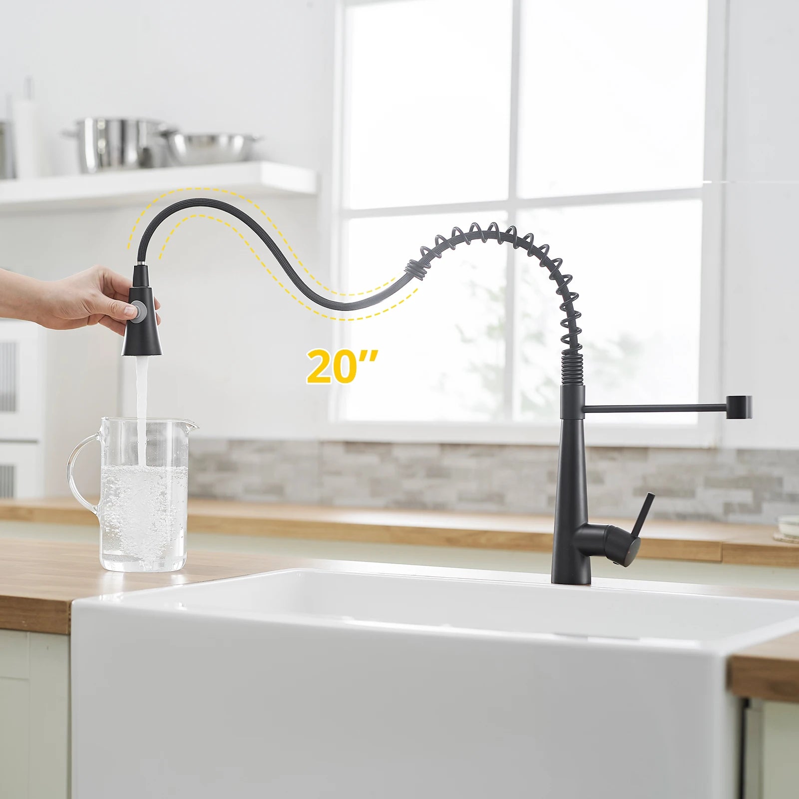 Kitchen, Faucet, Single Handle Faucet, Push Button, Spring Pull-Out Sprayer, Ceramic Valve, Black, Nickle