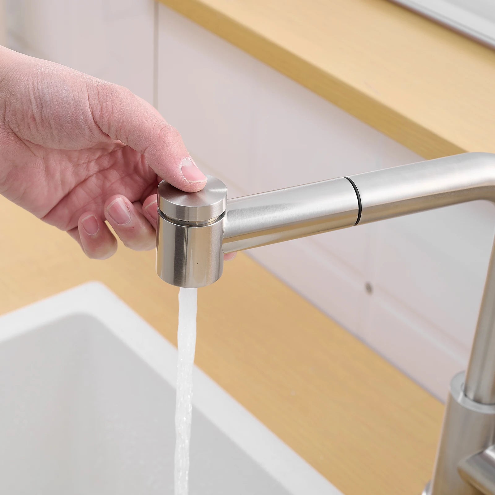 Kitchen, Faucet, Single Handle Faucet, Top Push Button, Spring Pull-Out Sprayer, Ceramic Valve, Black, Nickle