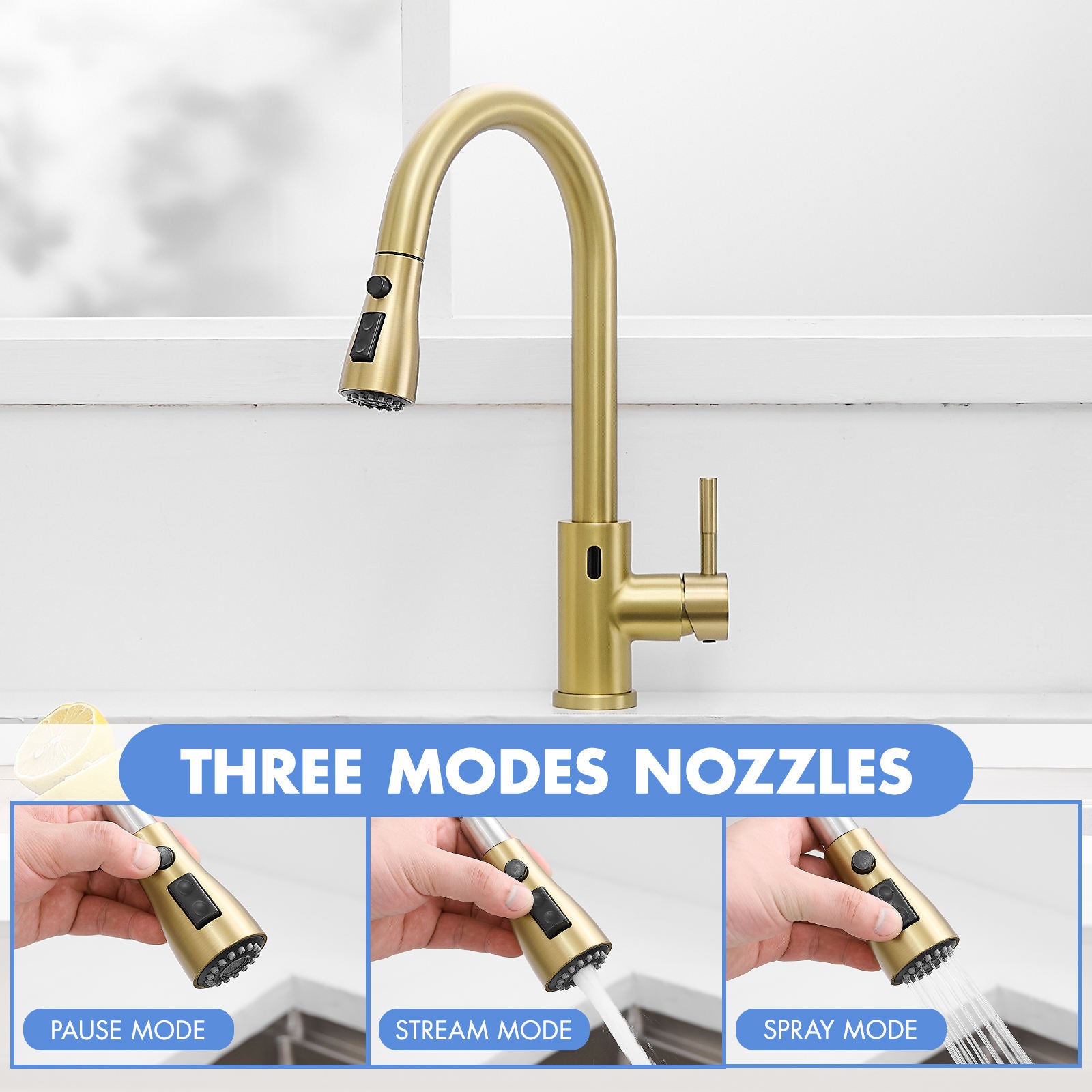 Kitchen, Faucet, Touchless Faucet, Single Handle Faucet, Pull-Out Sprayer, Ceramic Valve, Core Sense Faucet, Nickel Gold