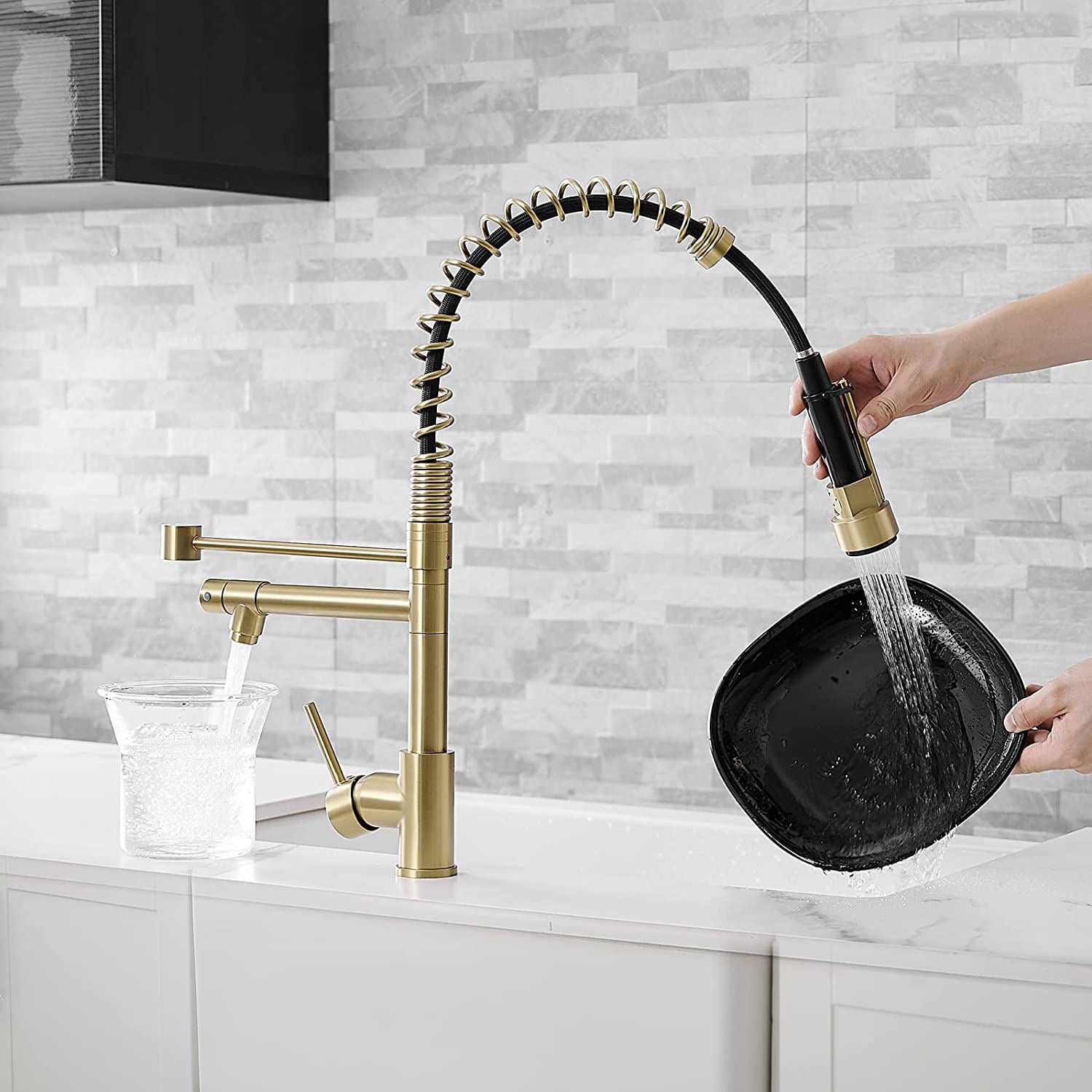 Kitchen, Faucet, Single Handle Faucet, Contemporary, Push Button, Pull-Out Sprayer, two nozzle, Ceramic Valve, Core Sense Faucet, Gold