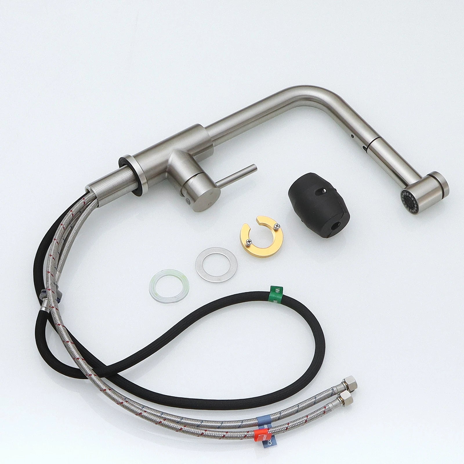 Kitchen, Faucet, Single Handle Faucet, Top Push Button, Spring Pull-Out Sprayer, Ceramic Valve, Black, Nickle