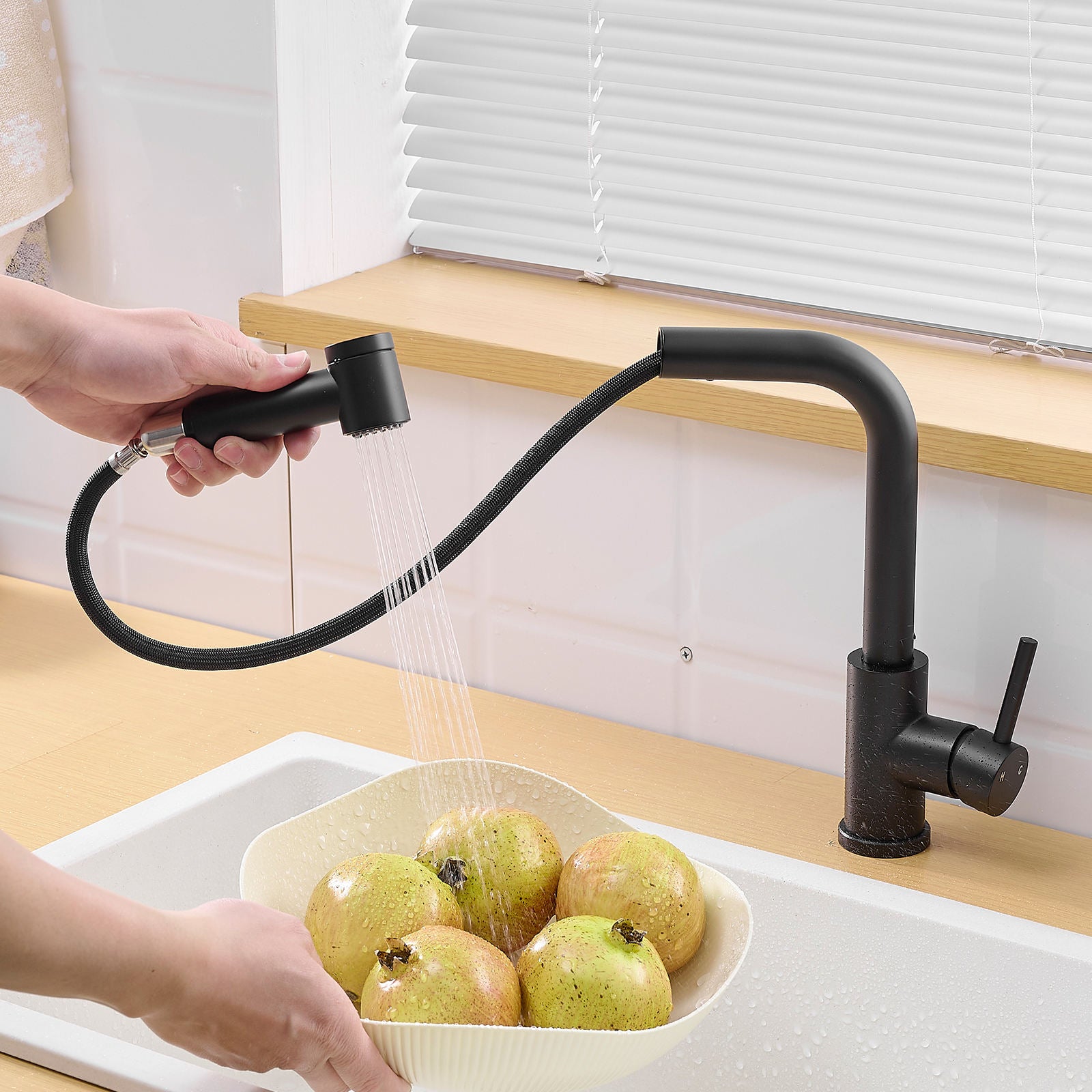 Kitchen, Faucet, Single Handle Faucet, Top Push Button, Spring Pull-Out Sprayer, Ceramic Valve, Black, Nickle
