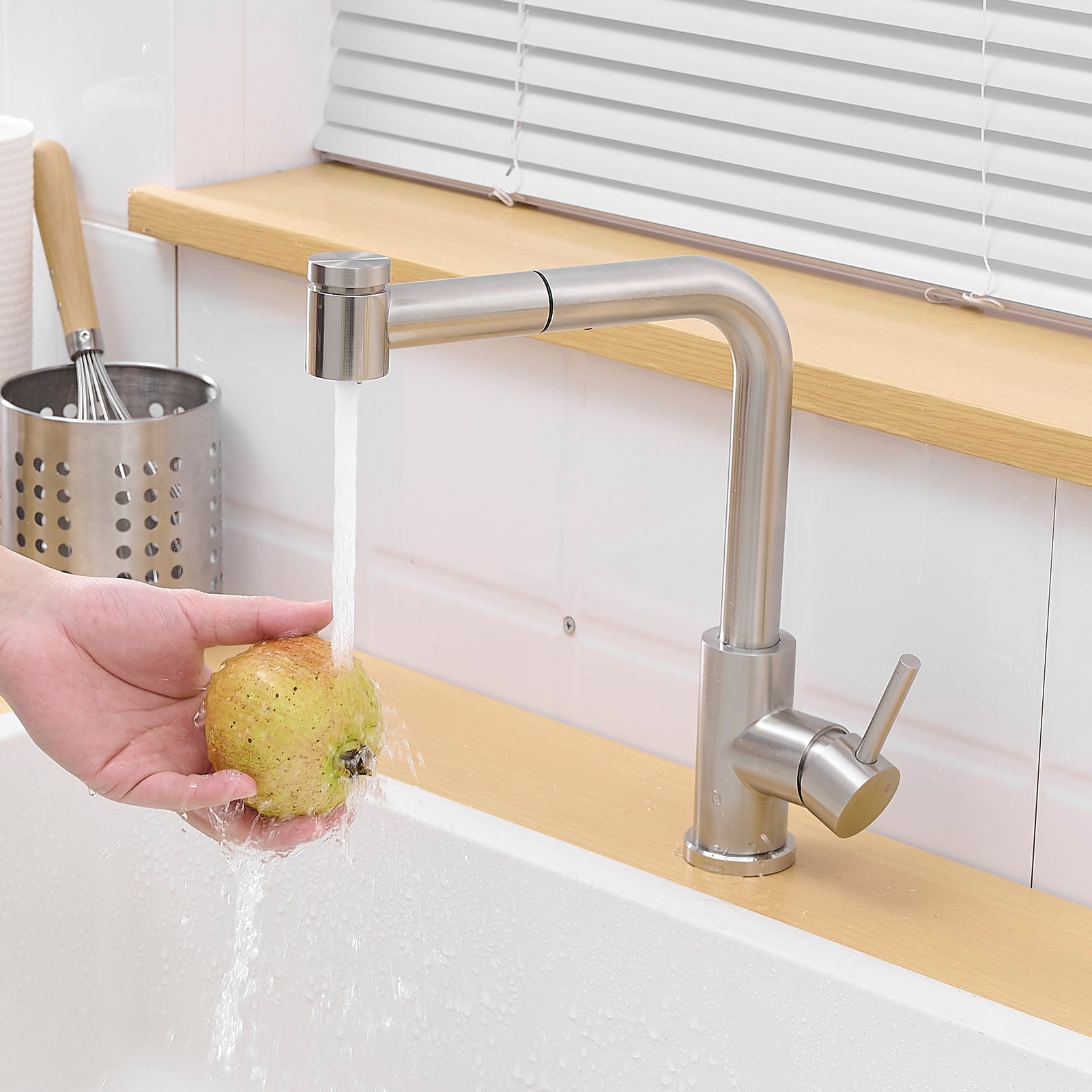 Kitchen, Faucet, Single Handle Faucet, Top Push Button, Spring Pull-Out Sprayer, Ceramic Valve, Black, Nickle