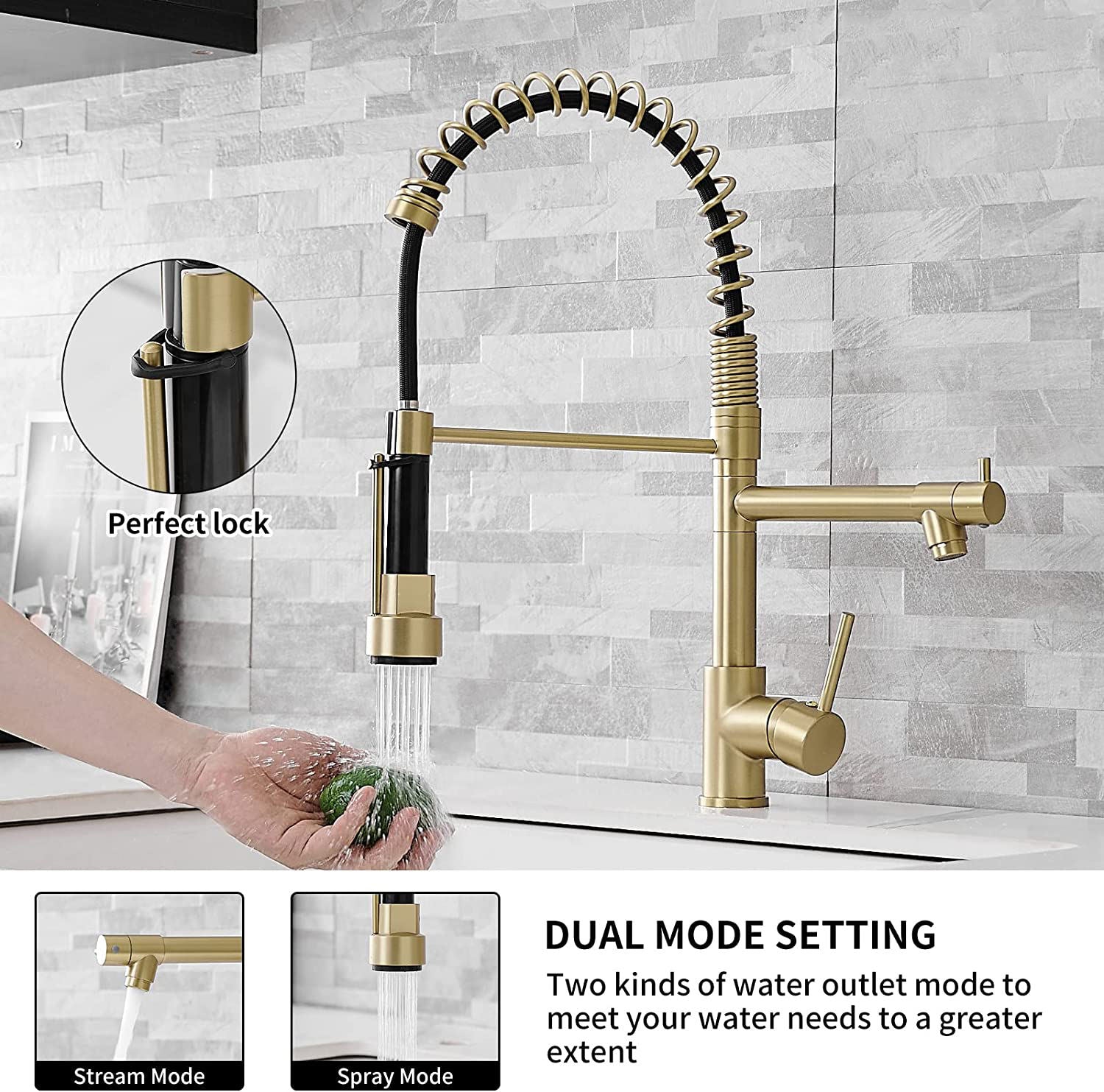 Kitchen, Faucet, Single Handle Faucet, Contemporary, Push Button, Pull-Out Sprayer, two nozzle, Ceramic Valve, Core Sense Faucet, Gold