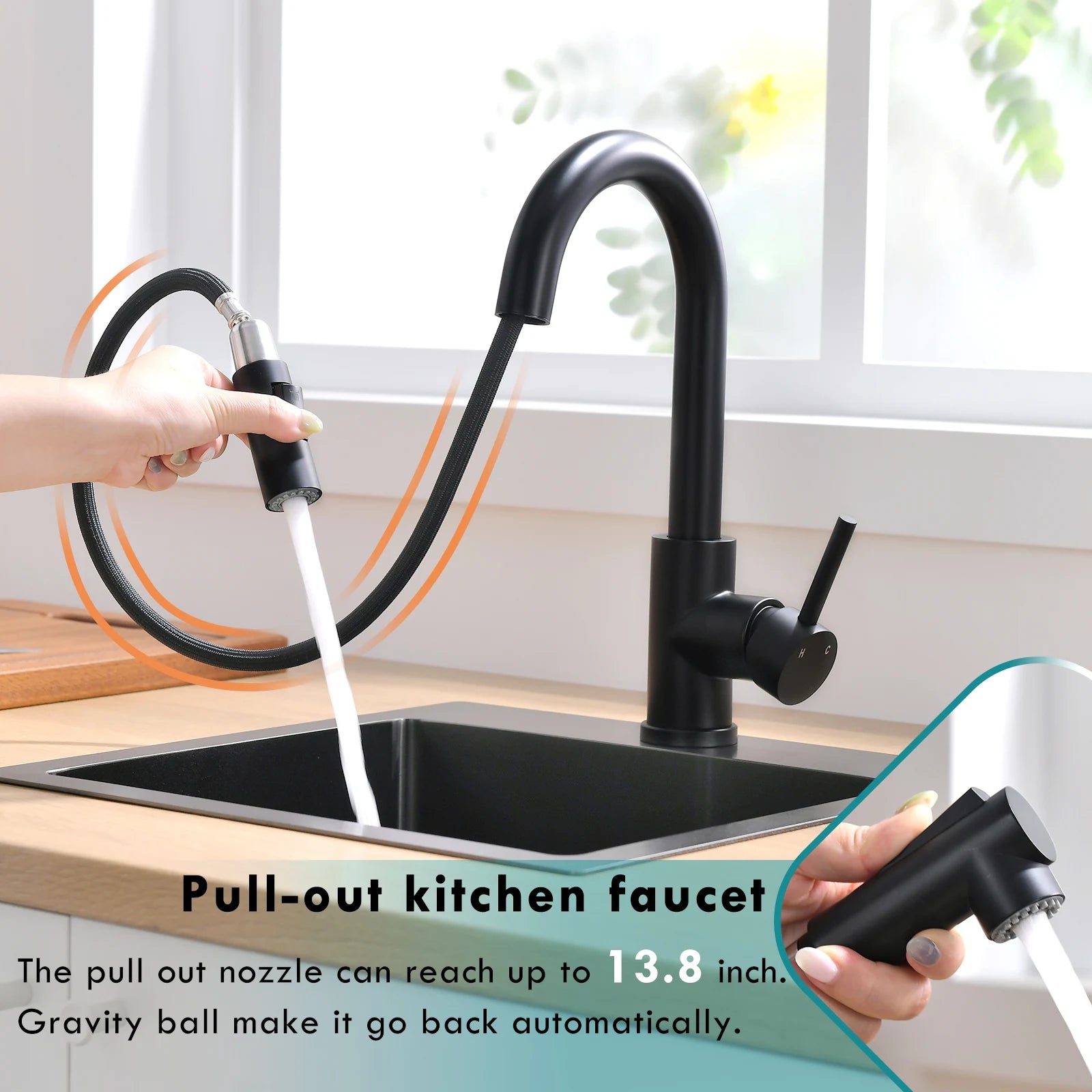 Kitchen, Faucet, Single Handle Faucet, Flat Button, Spring Pull-Out Sprayer, Ceramic Valve, Black, Nickle