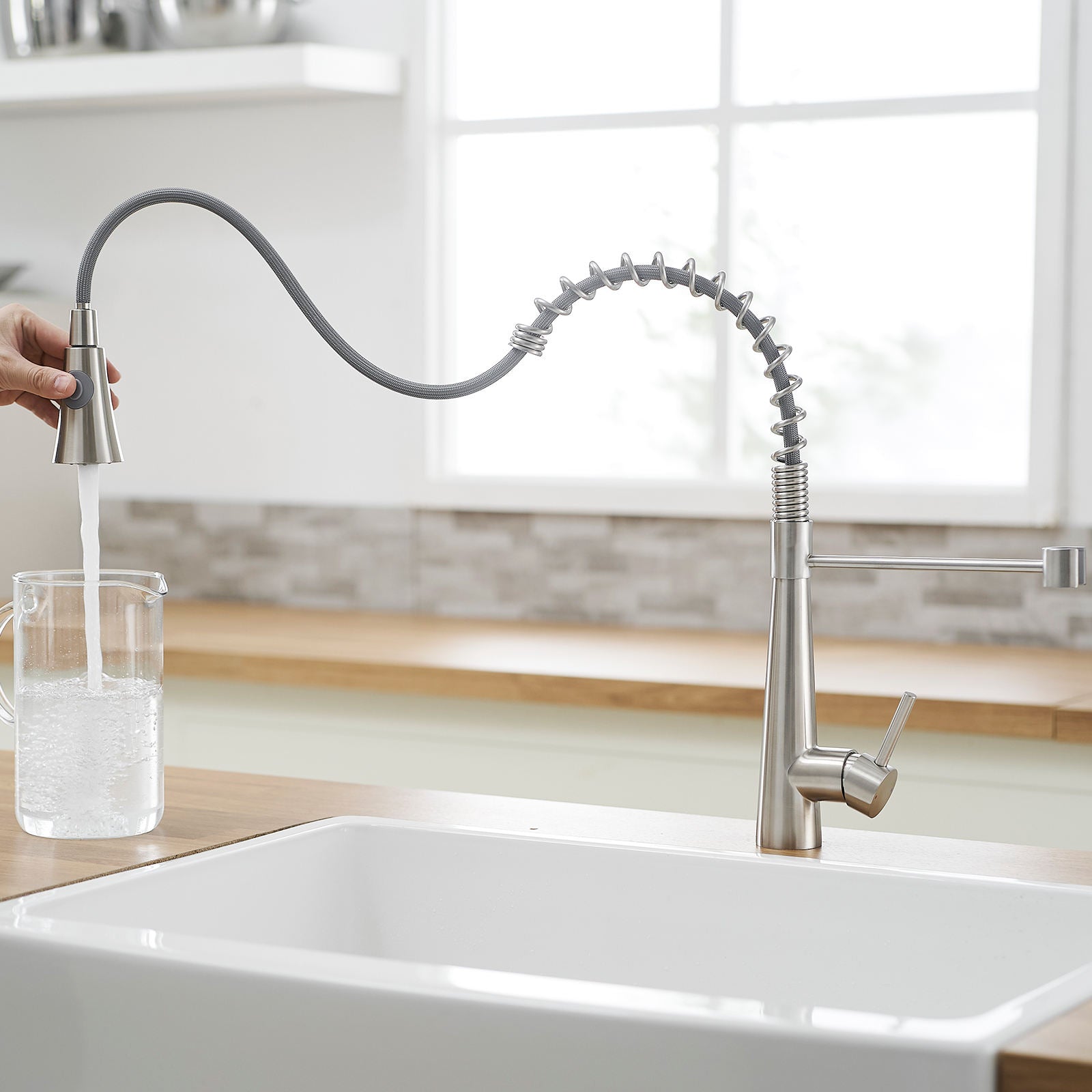 Kitchen, Faucet, Single Handle Faucet, Push Button, Spring Pull-Out Sprayer, Ceramic Valve, Black, Nickle